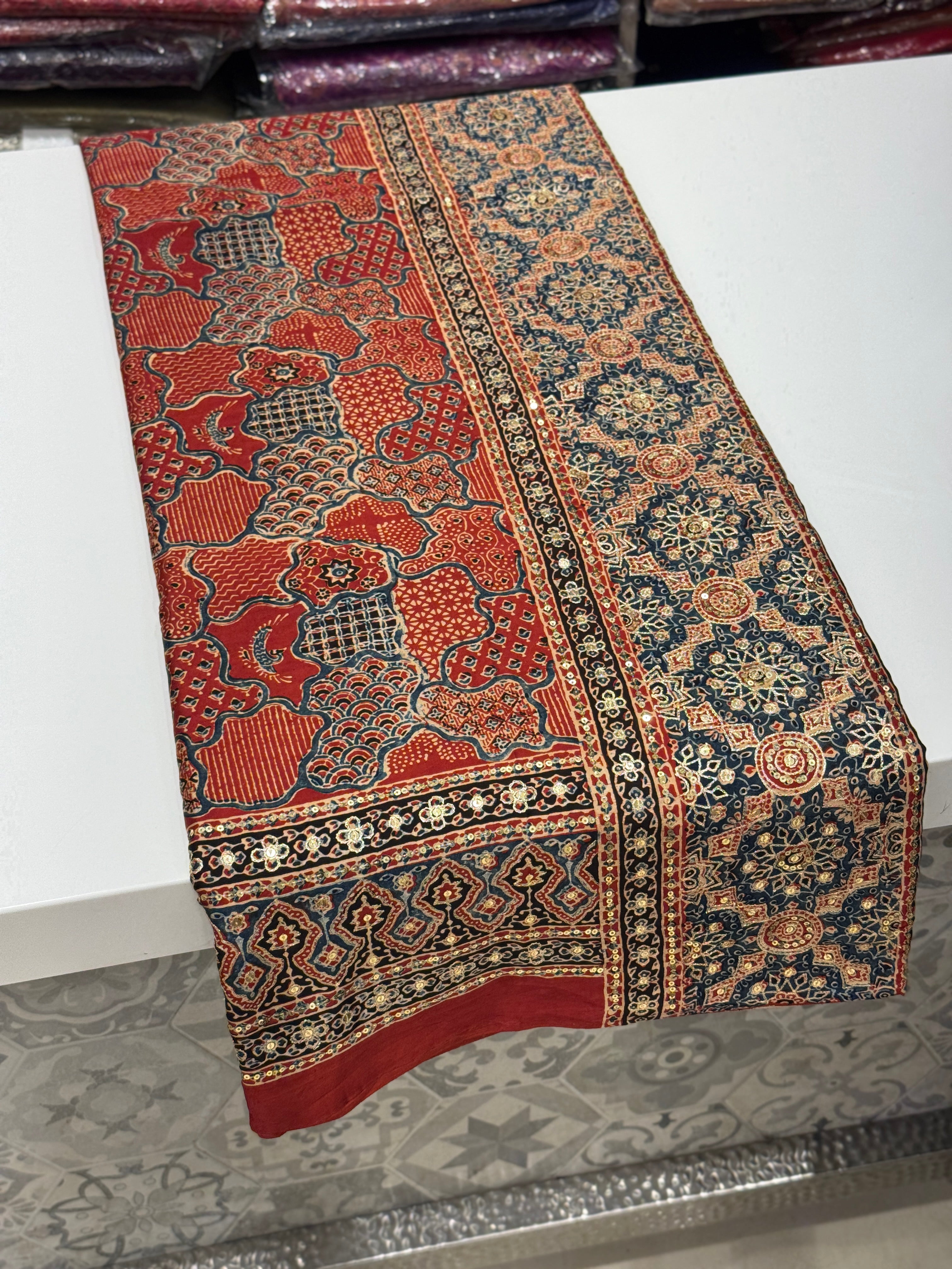 Red Blue Abstract Pita Sequin Ajrakh Hand Embroidery Saree