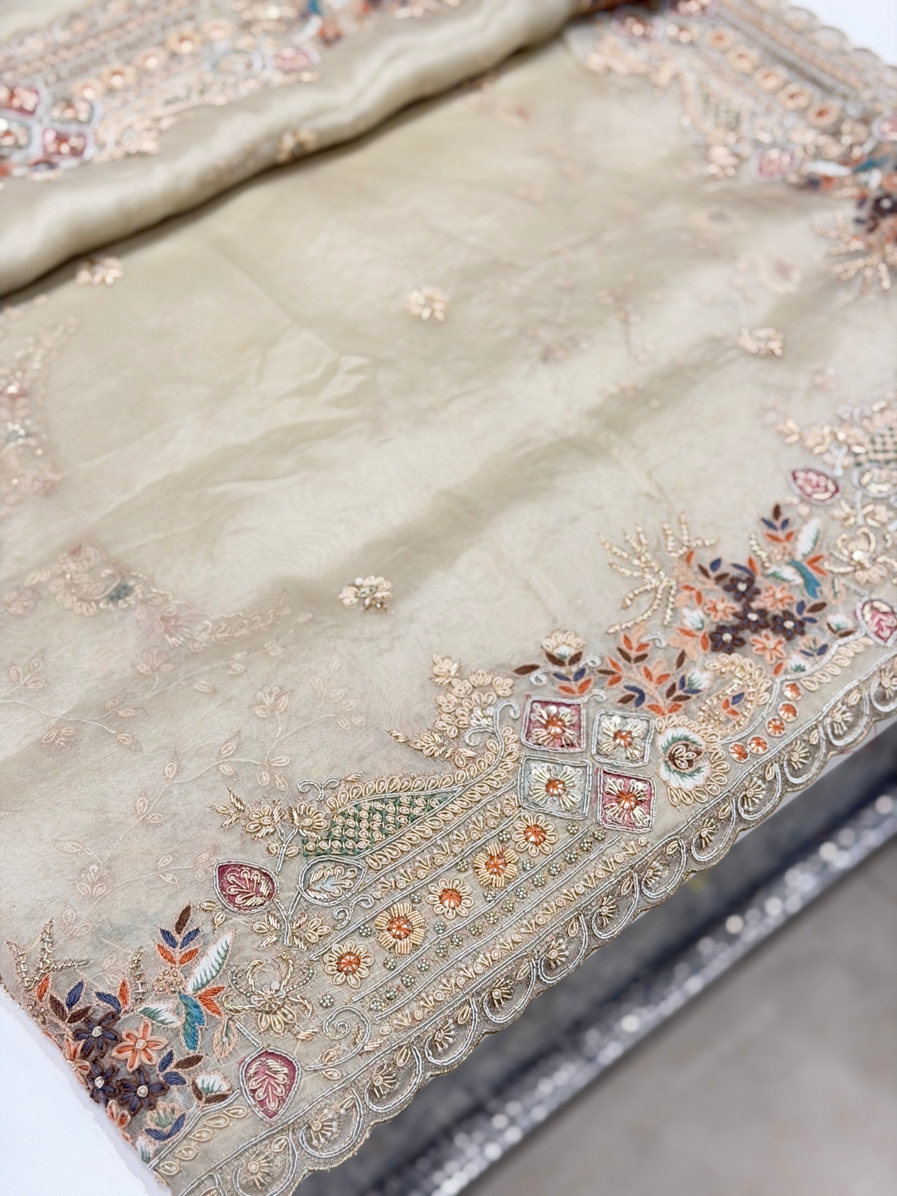 Moti White Organza Border Zardosi Resham Hand Embroidery Saree