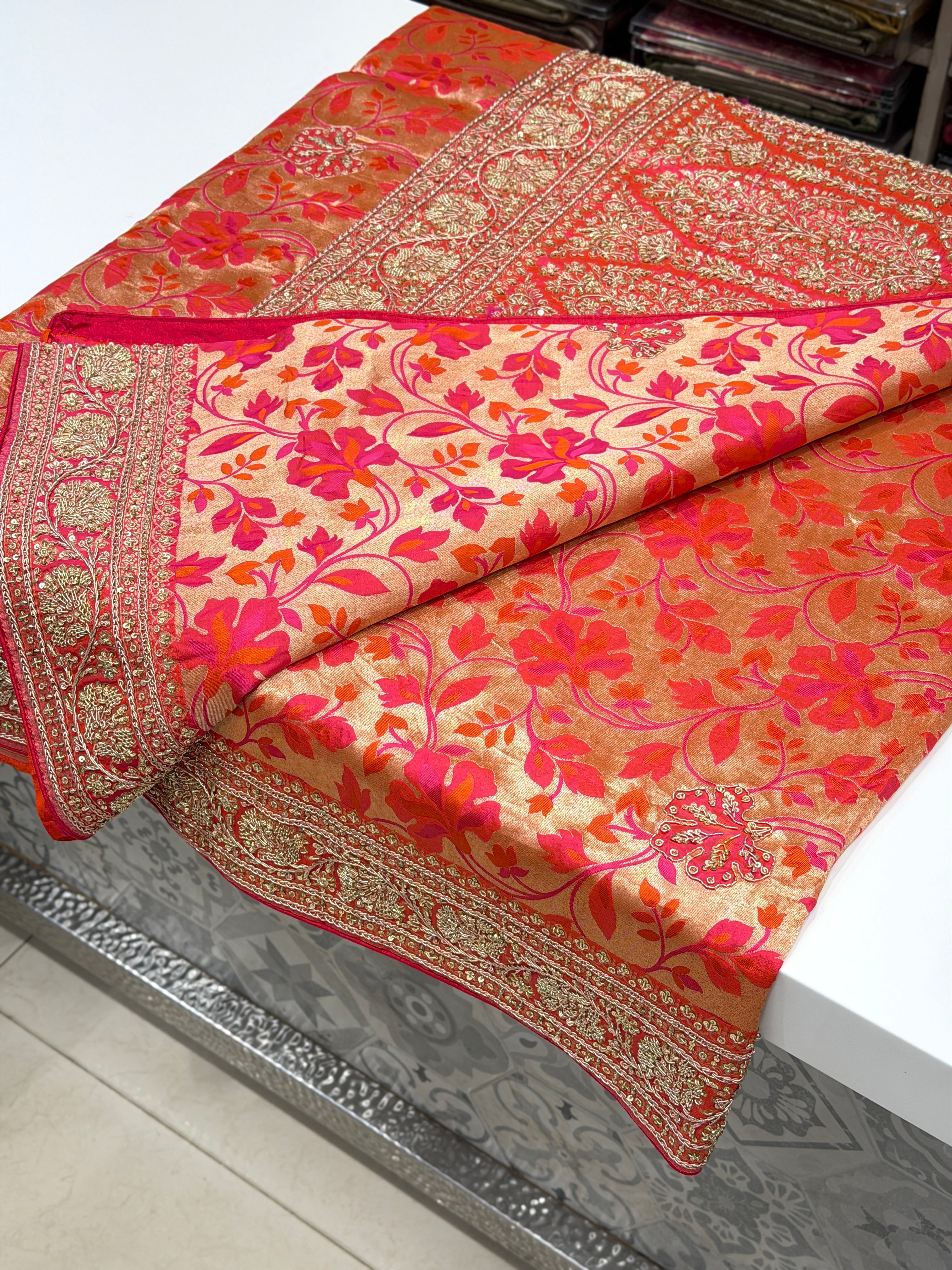 Rust Orange Handloom Banarasi Katan Silk Zardosi Hand Embroidery Saree