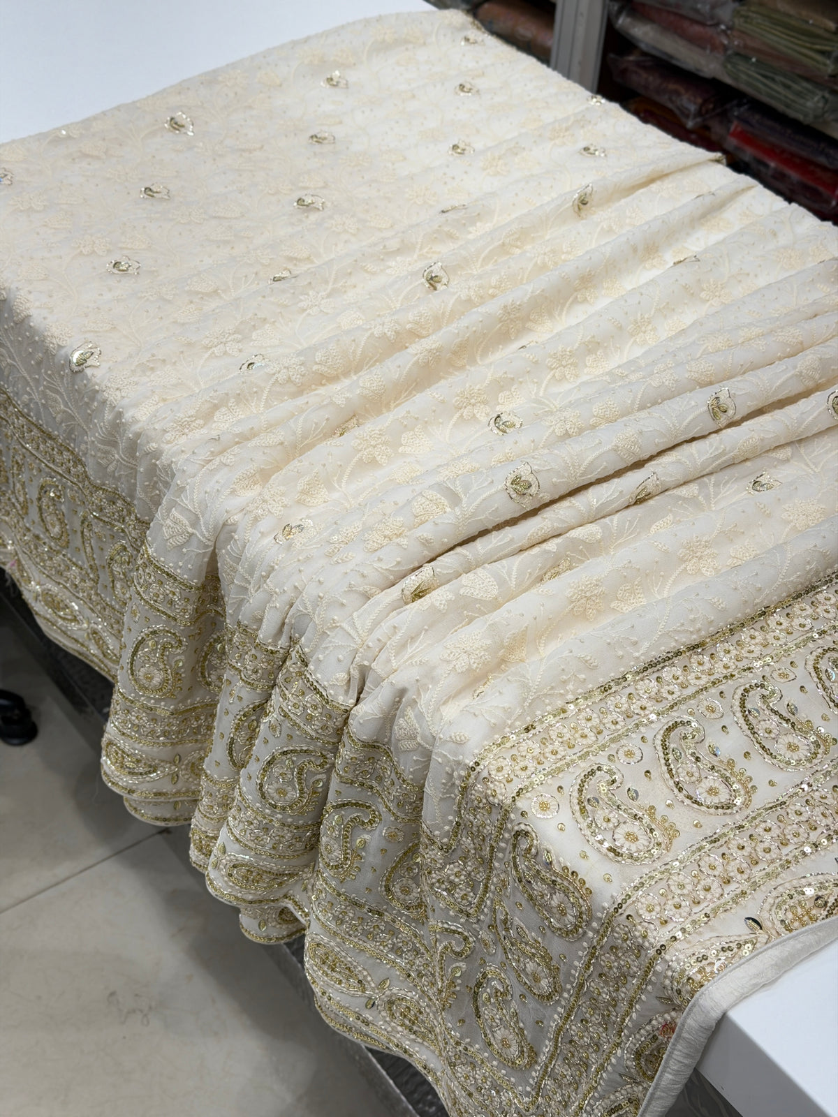 Moti White Chikankari Georgette Pita Sequin Hand Embroidery Saree