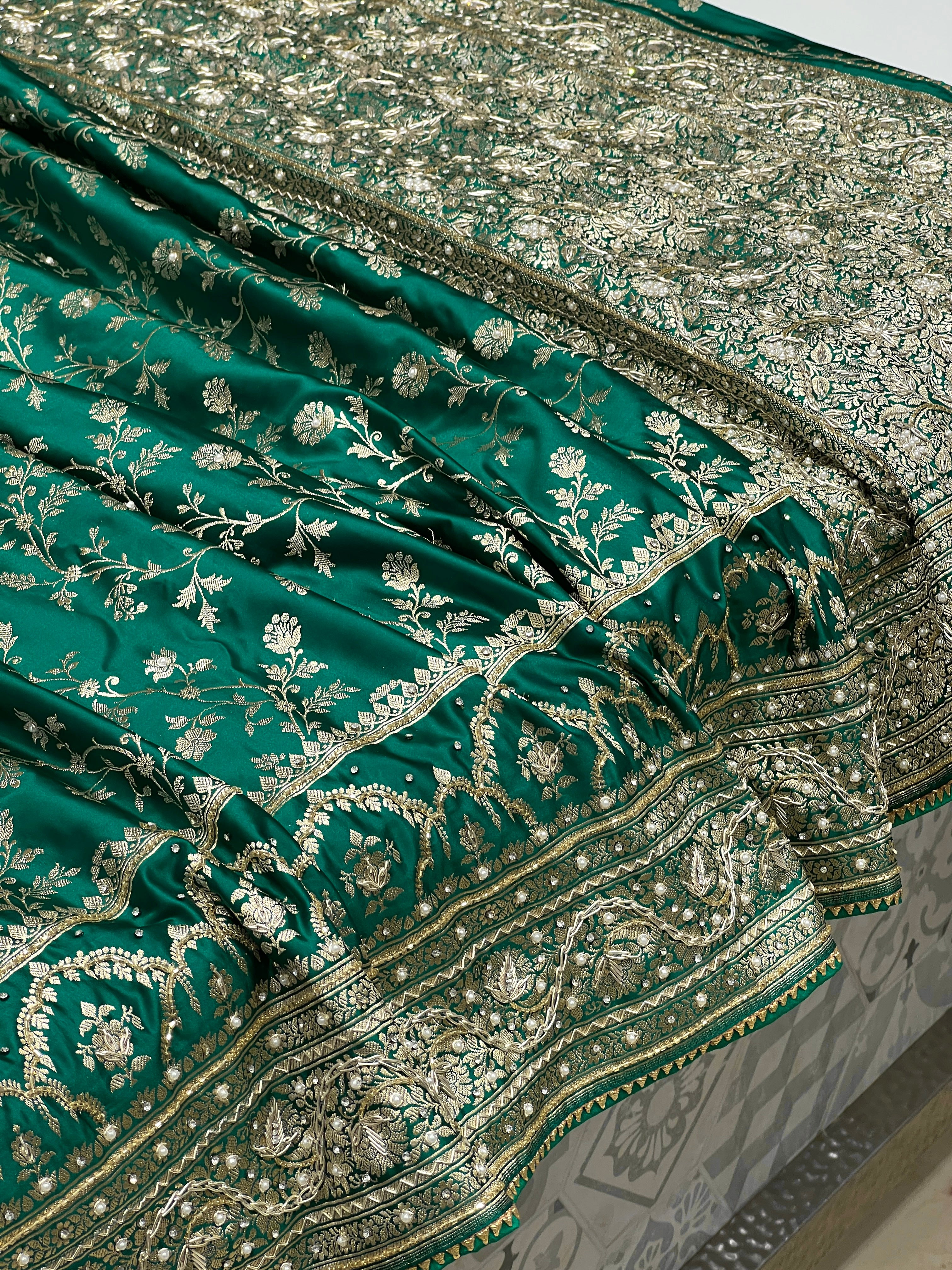 Warm Teal Green Banarasi Chain Embroidery Saree