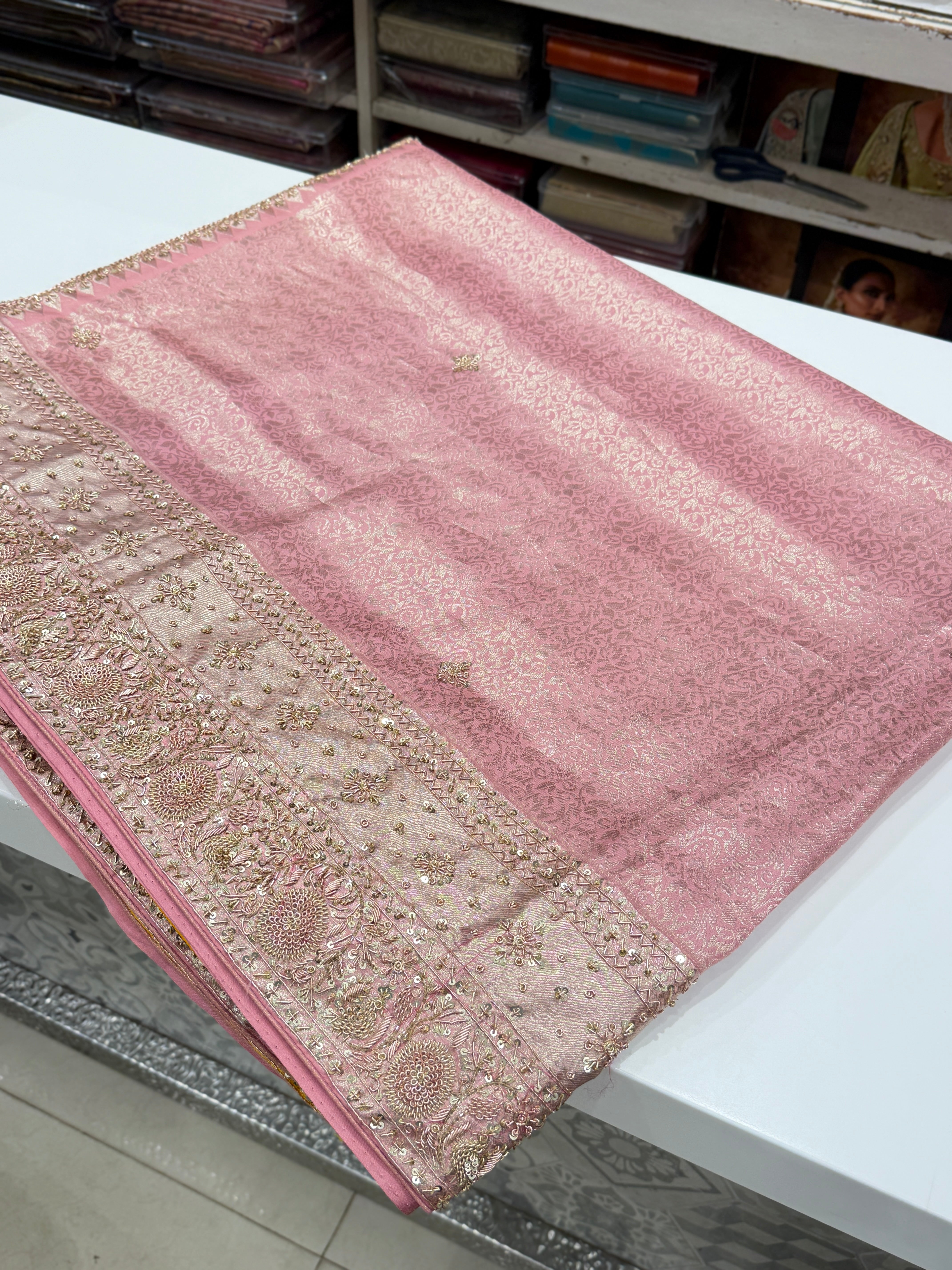 Pink Contrast Blouse Kanjivaram Zardosi Hand Embroidery Saree