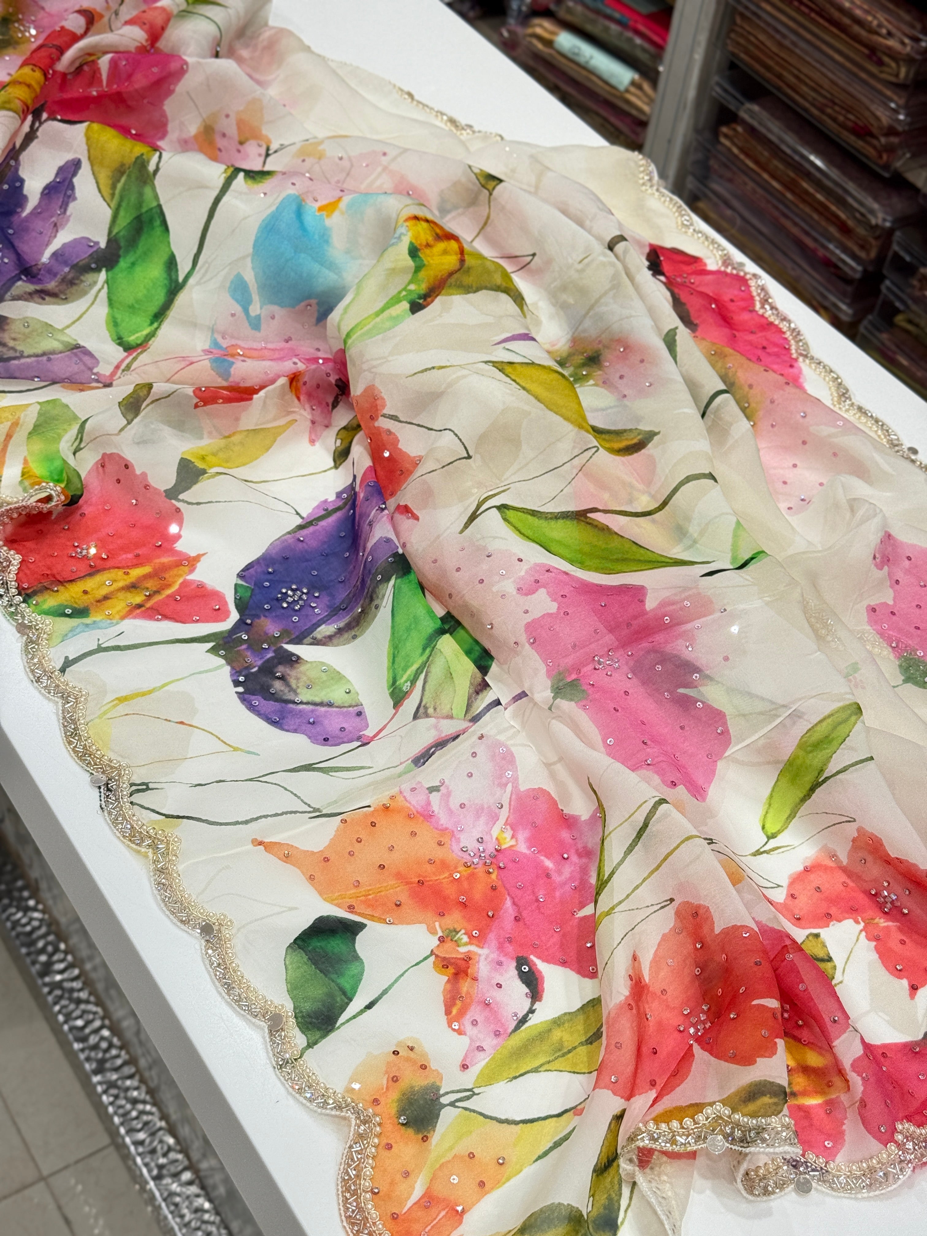 Multi Colour Print Muslin Border Hand Embroidery Saree