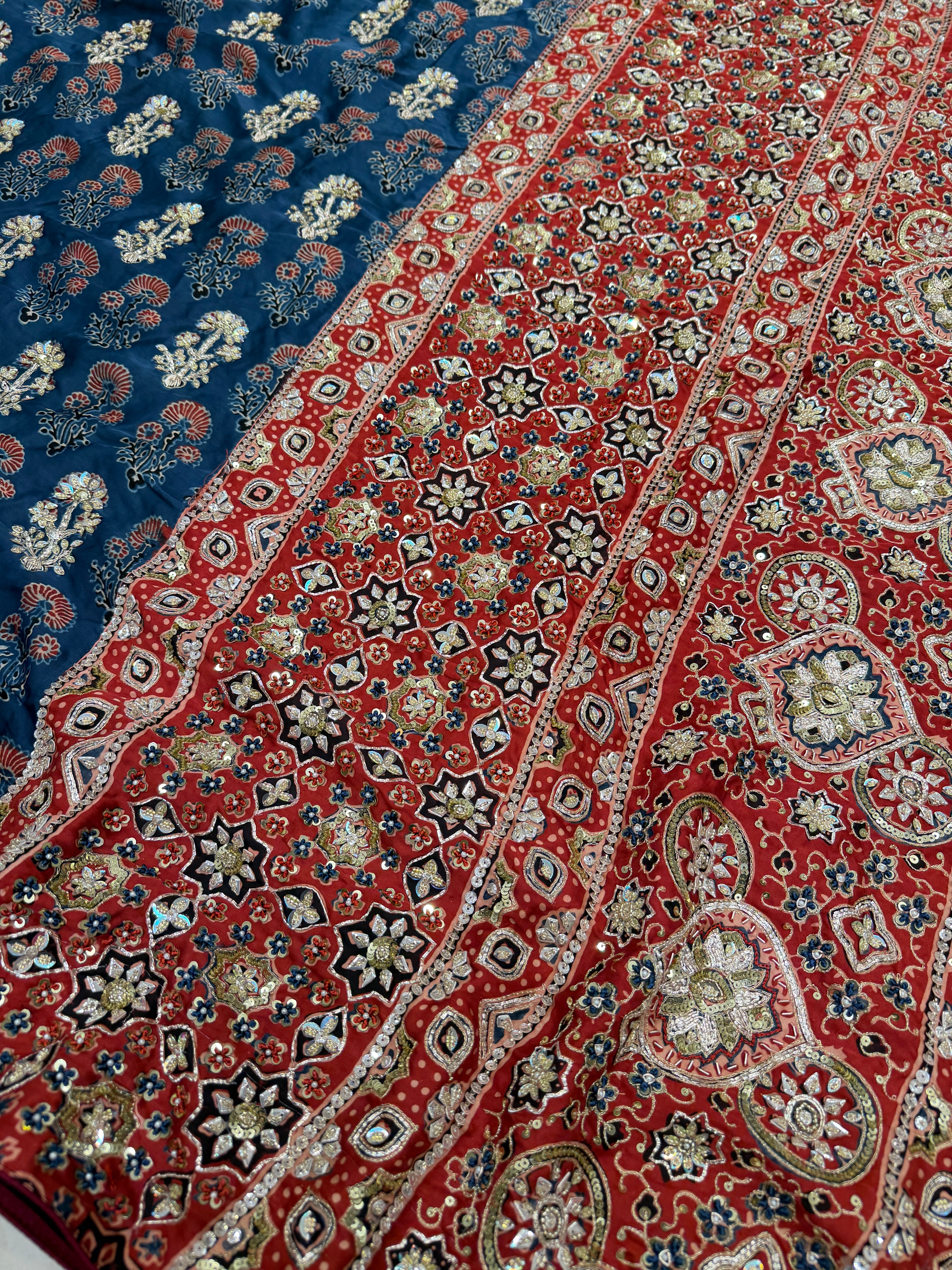Blue Red Three Floral Butta Pita Zardosi Sequin Ajrakh Hand Embroidery Saree