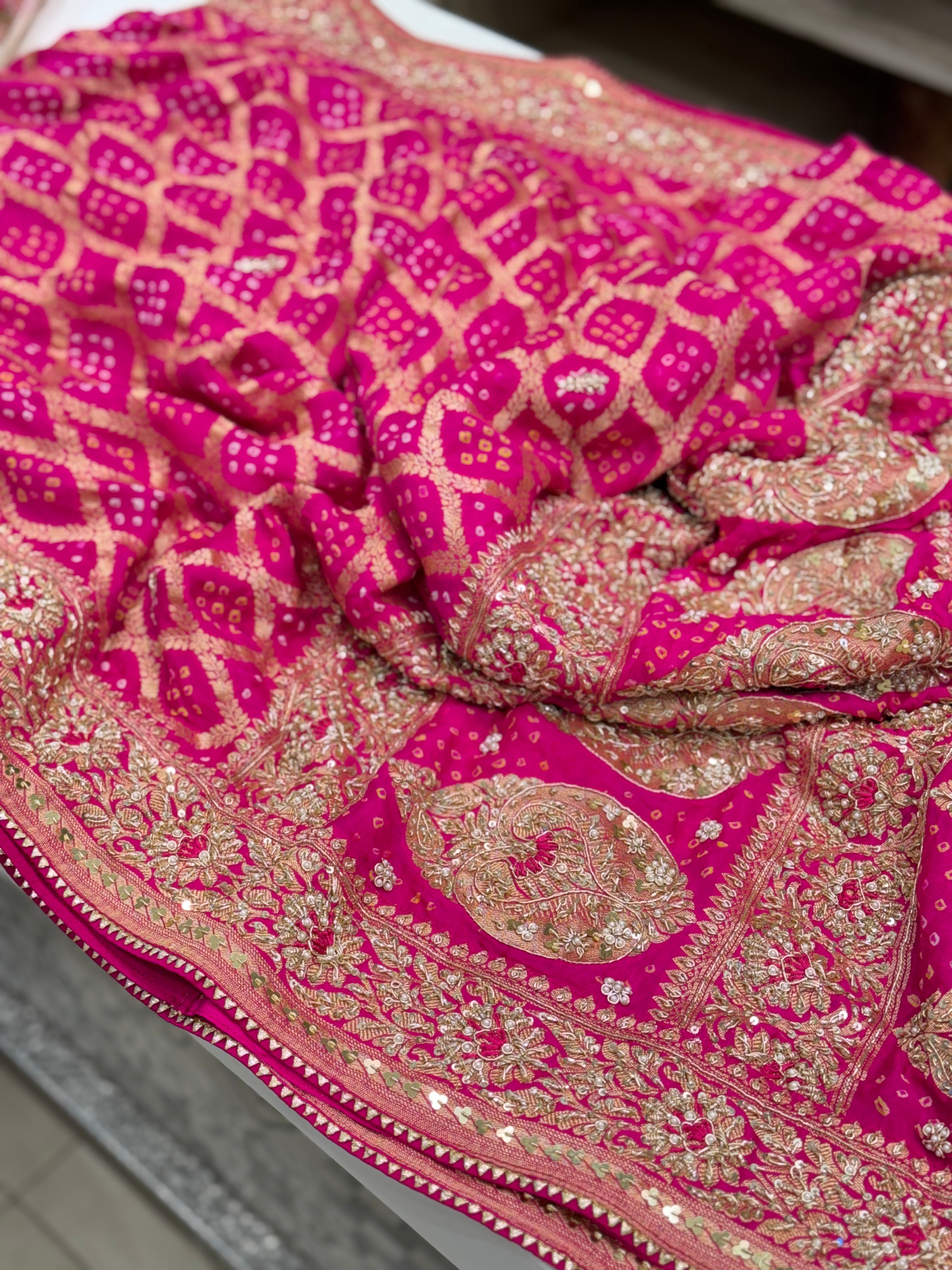 Rani Pink Bandhej Hand Embroidery Saree