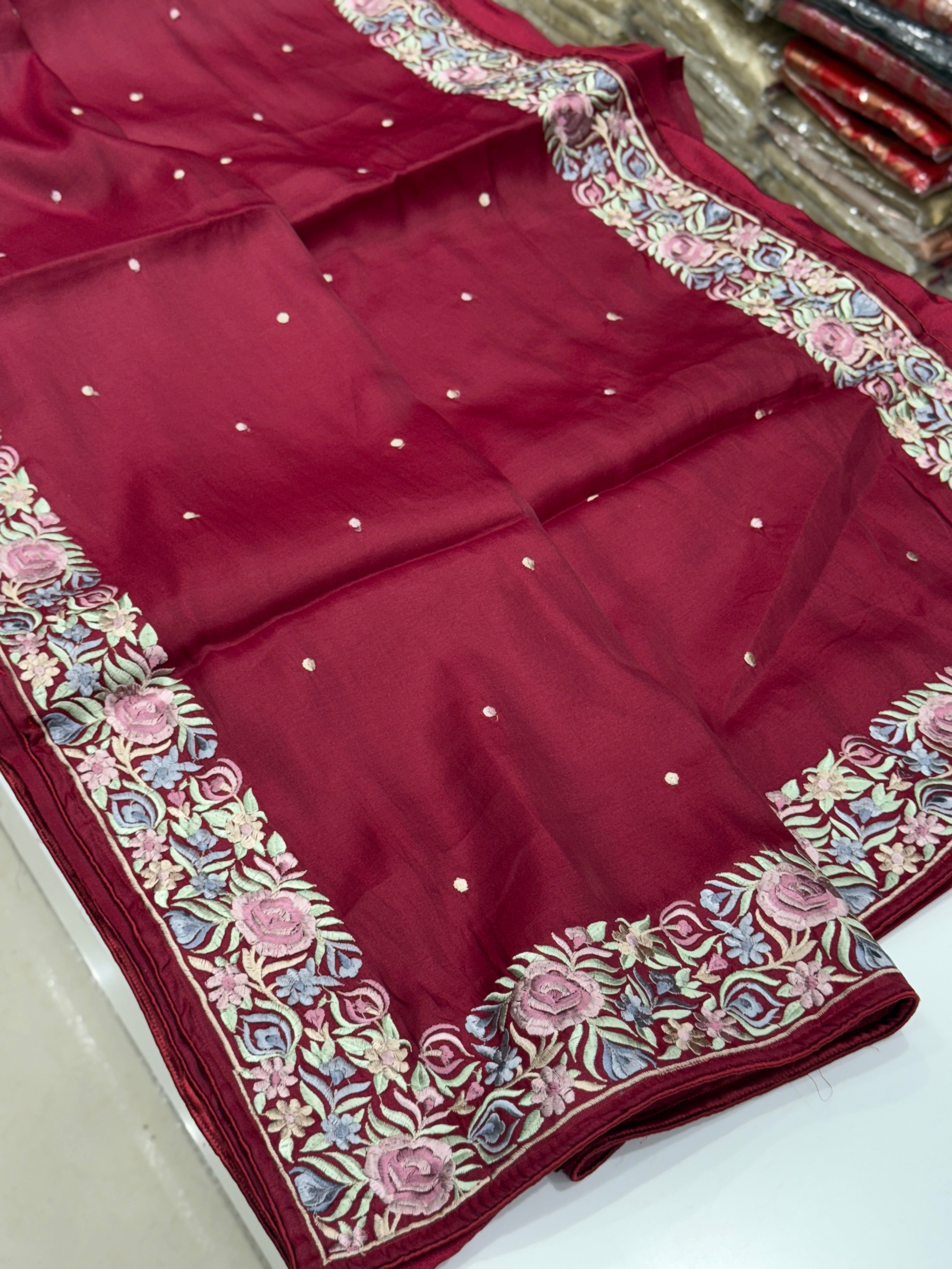 Maroon Silk Multi Colour Border Gara Border Saree