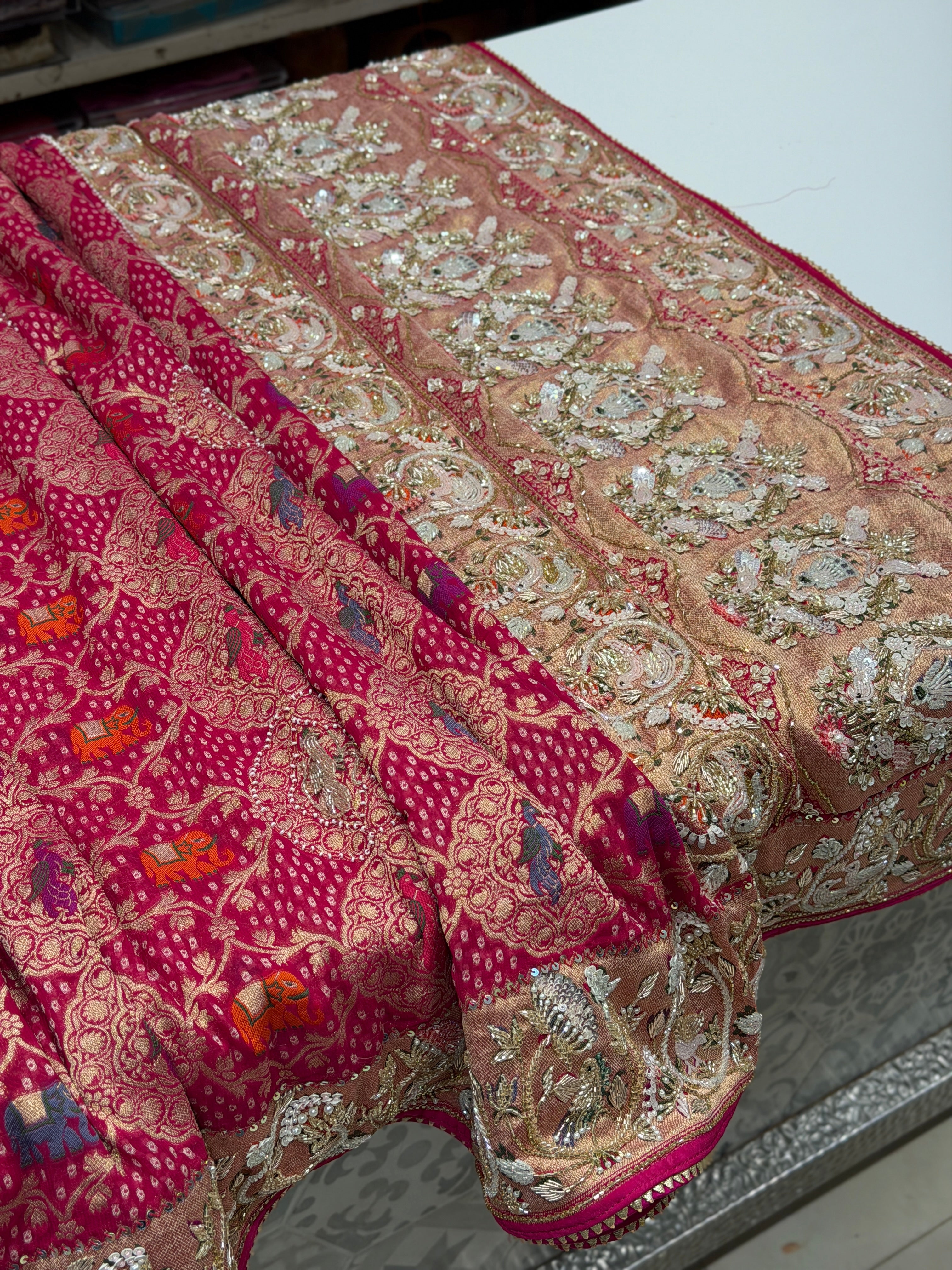 Rani Pink Woven Bandhej Moti Sequin Zardosi Hand Embroidery Saree