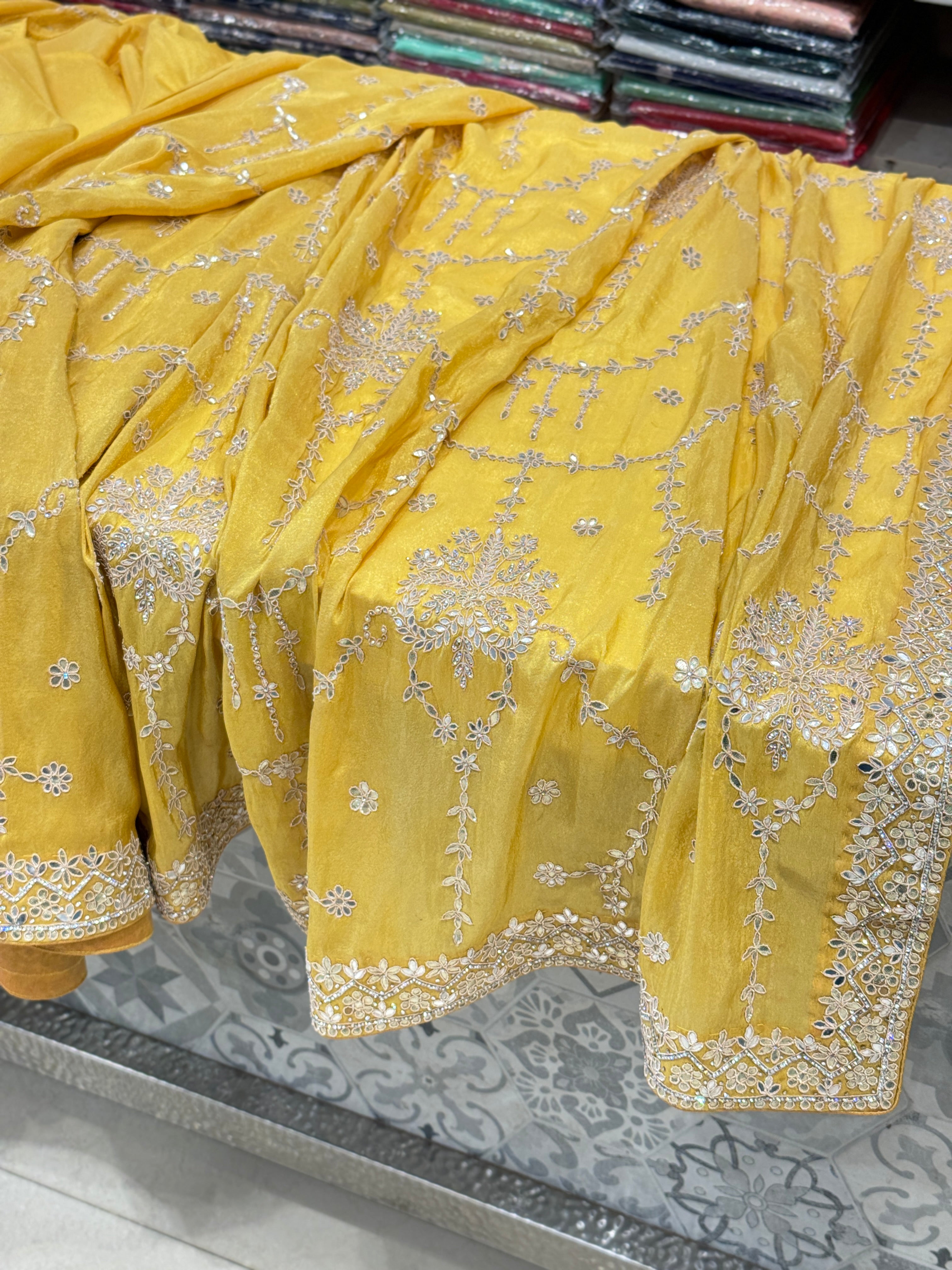 Yellow Crepe Tissue Mirror Gota Saree