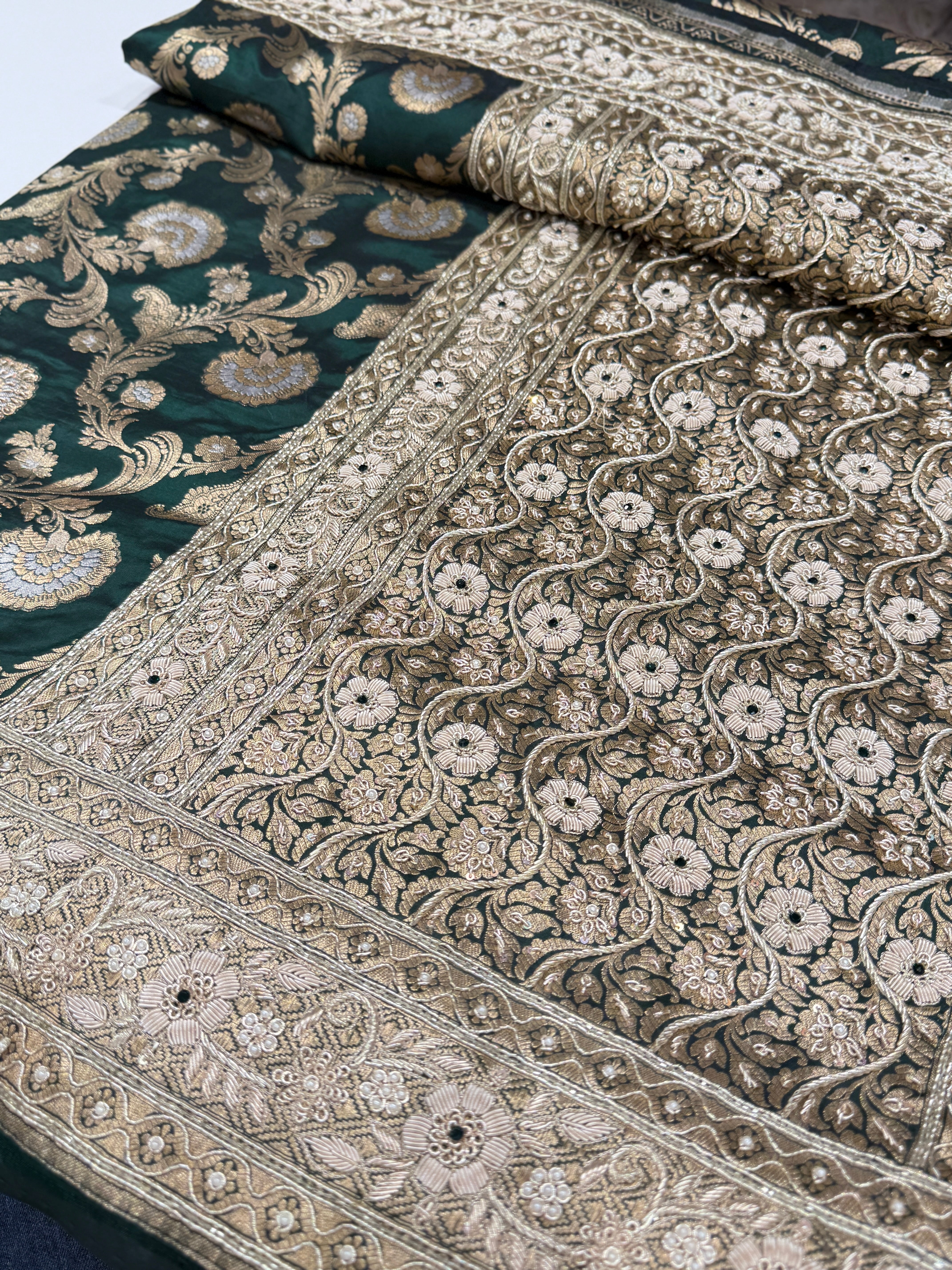 Bottle Green Banarasi Katan x Zardosi Hand Embroidery