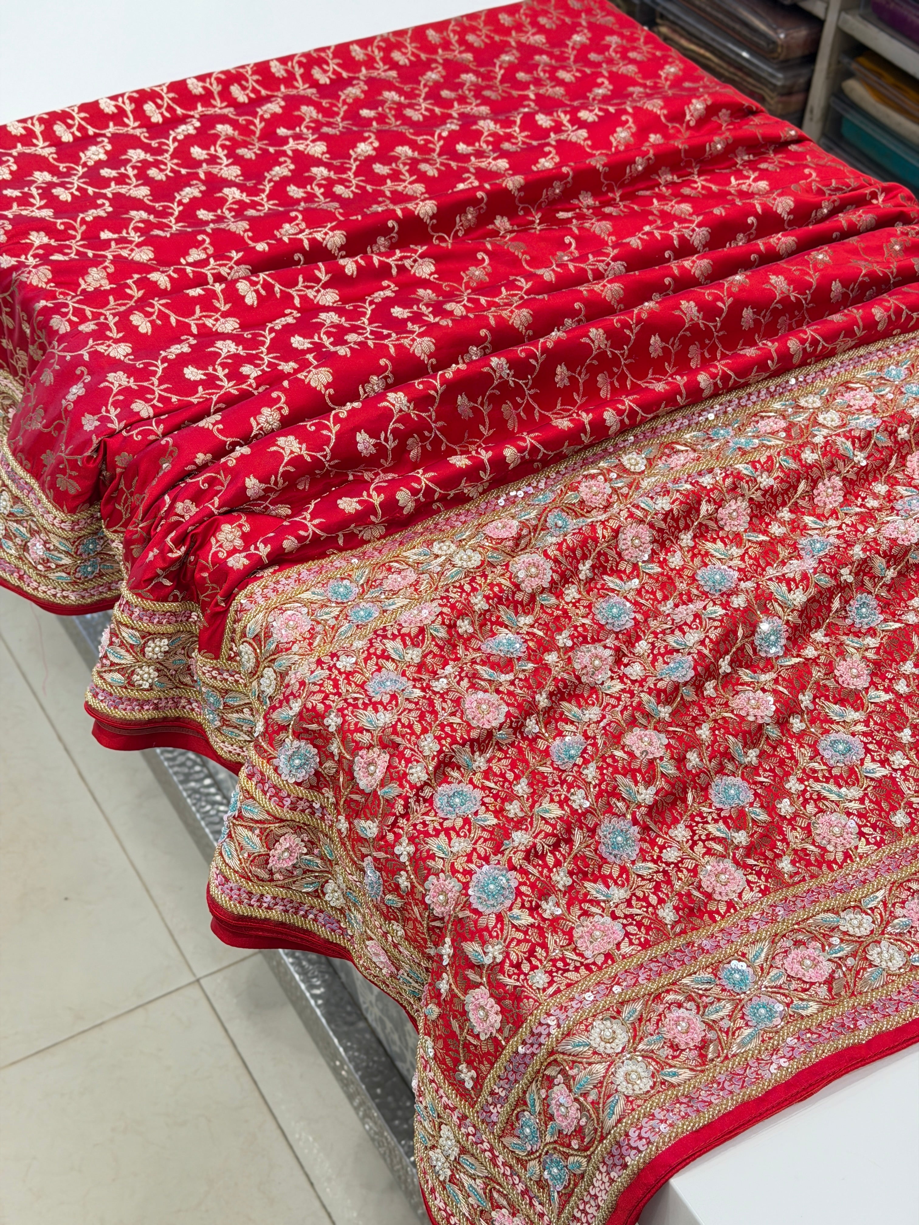 Red Banarasi Pine Jaal Moti Zardosi Hand Embroidery Saree