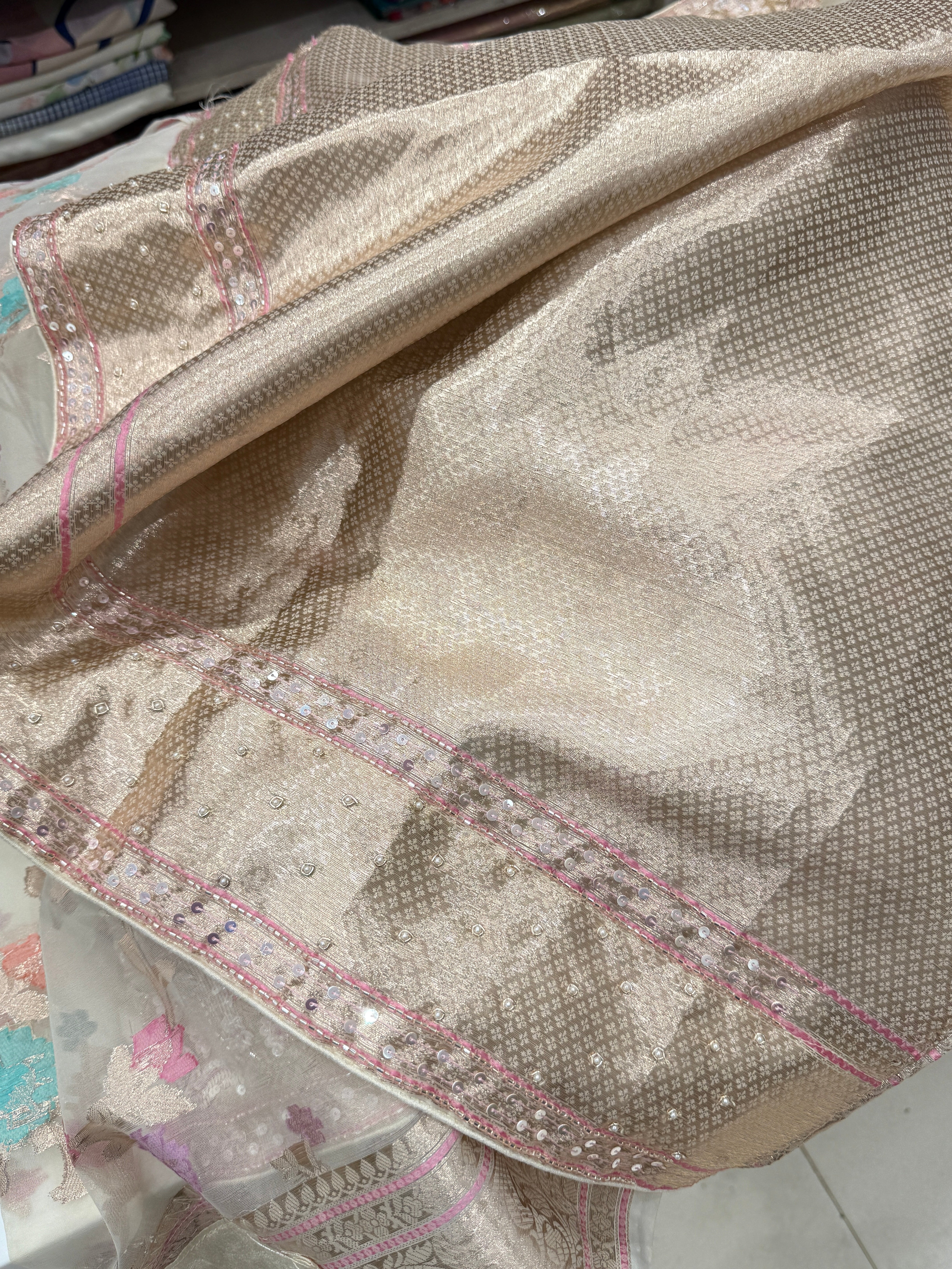 Beige Meenakari Banarasi Kora Sequin Zardosi Hand Embroidery Saree