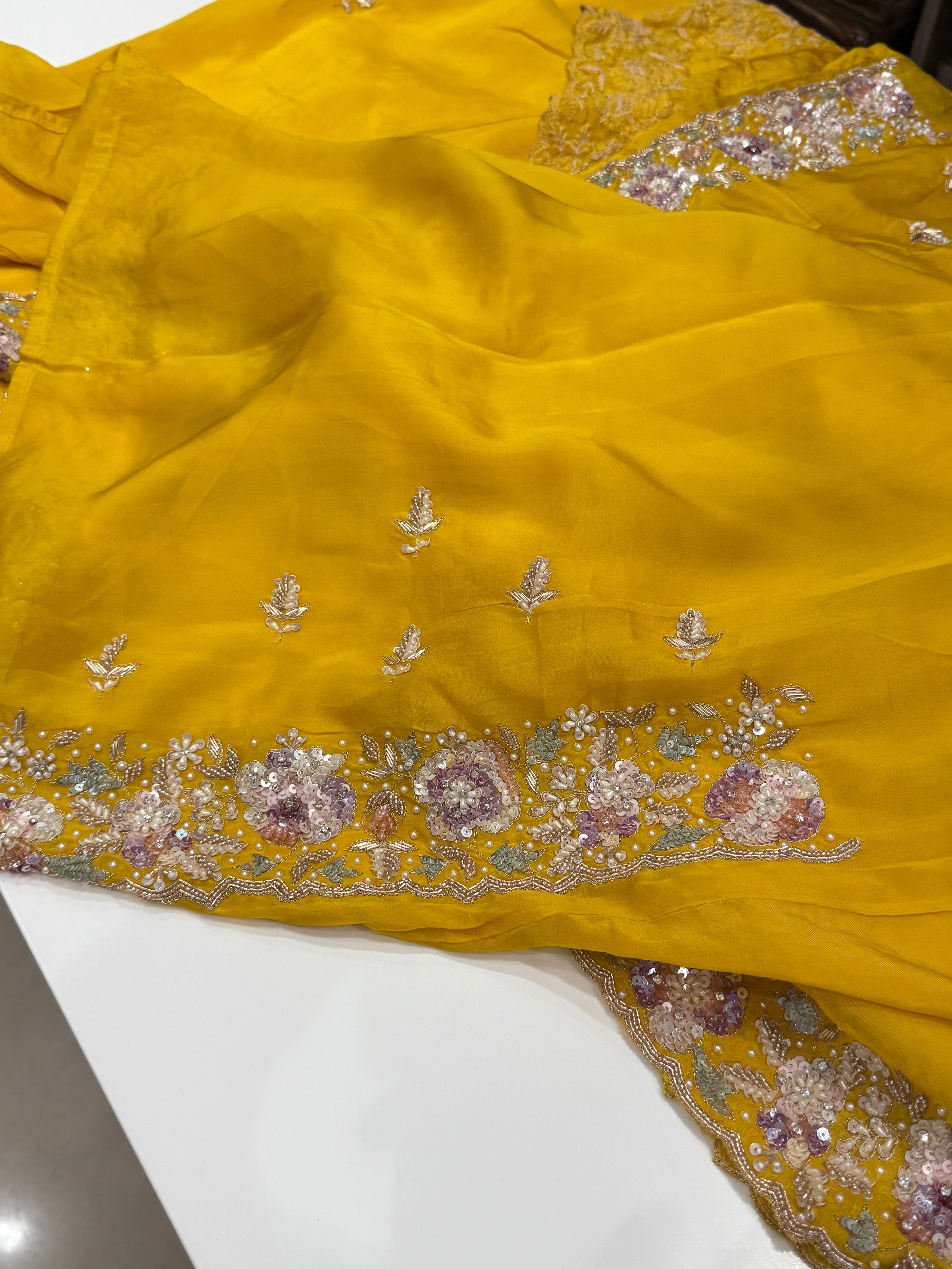 Yellow Soft Silk Zardosi Fancy Hand Embroidery Saree