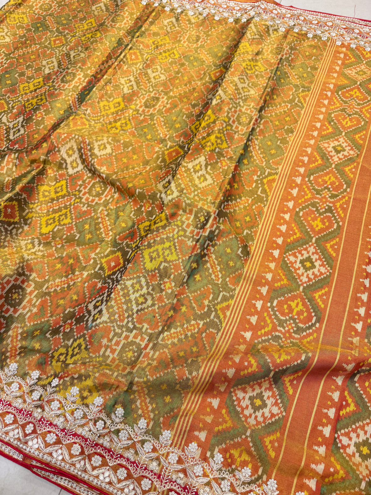 Mustard Tissue Patan Patola Zardosi Hand Embroidery Saree