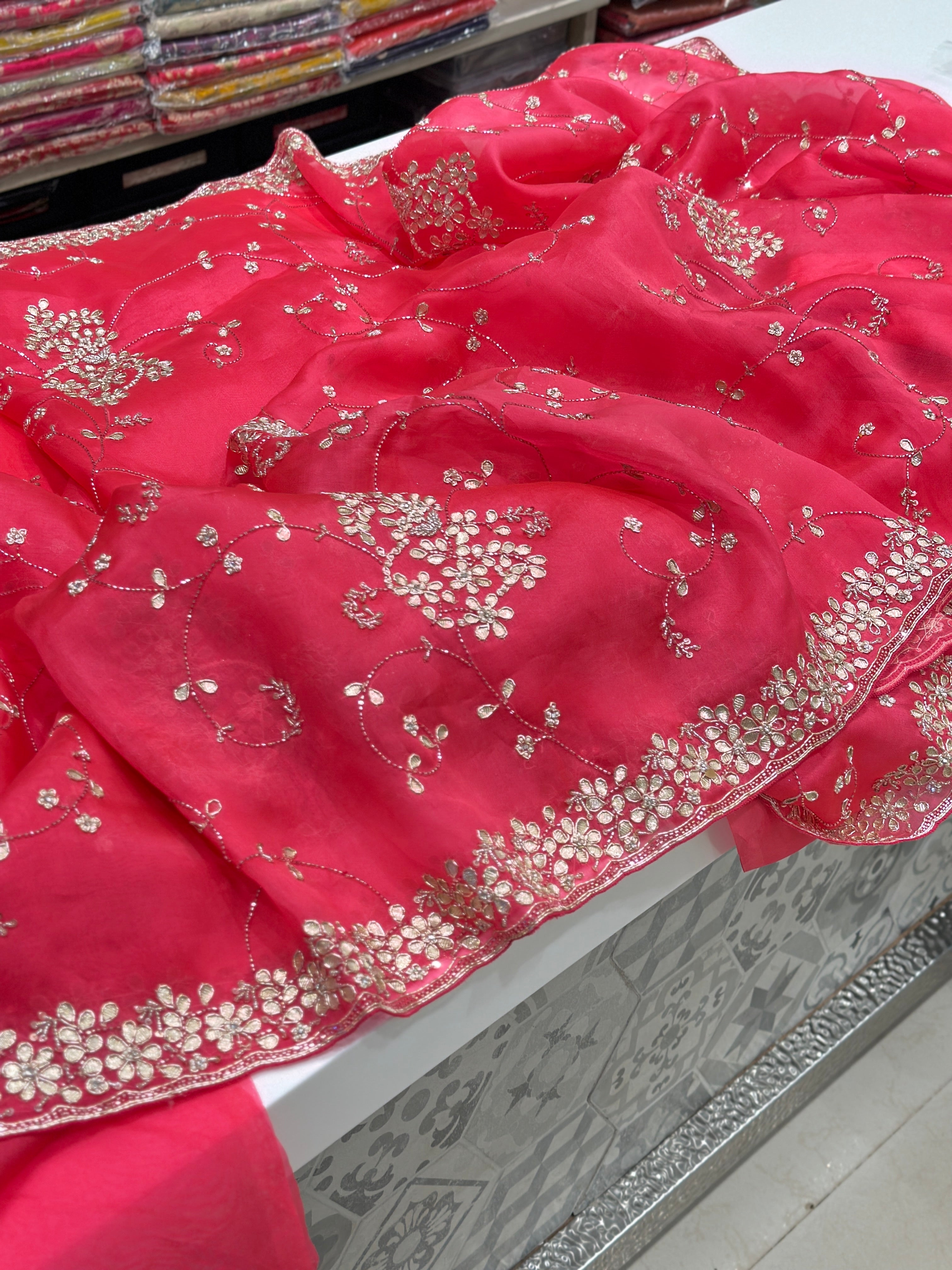 Neon Pink Pure Organza Embroidery Saree