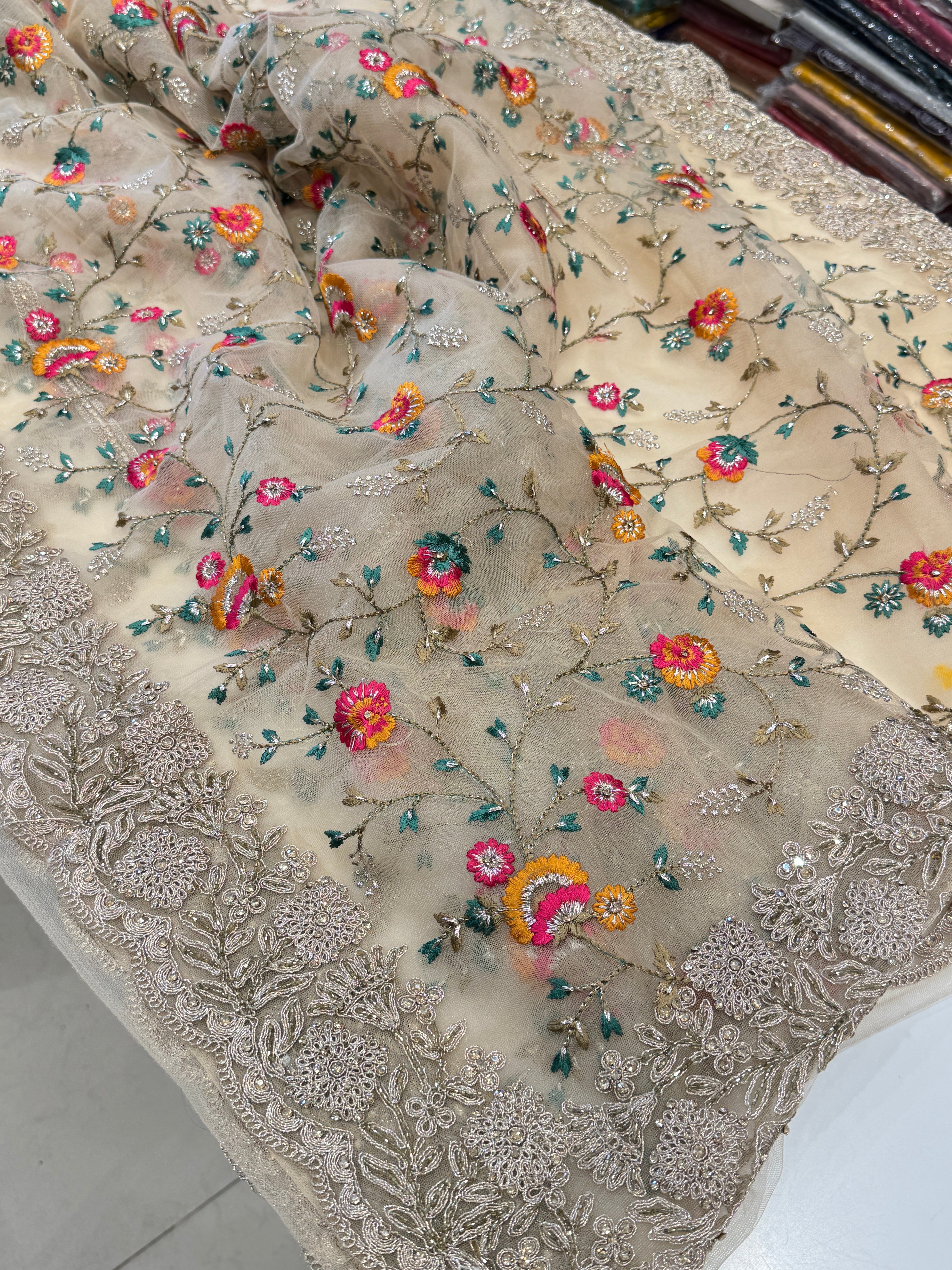 Beige Soft Net Embroidery Saree