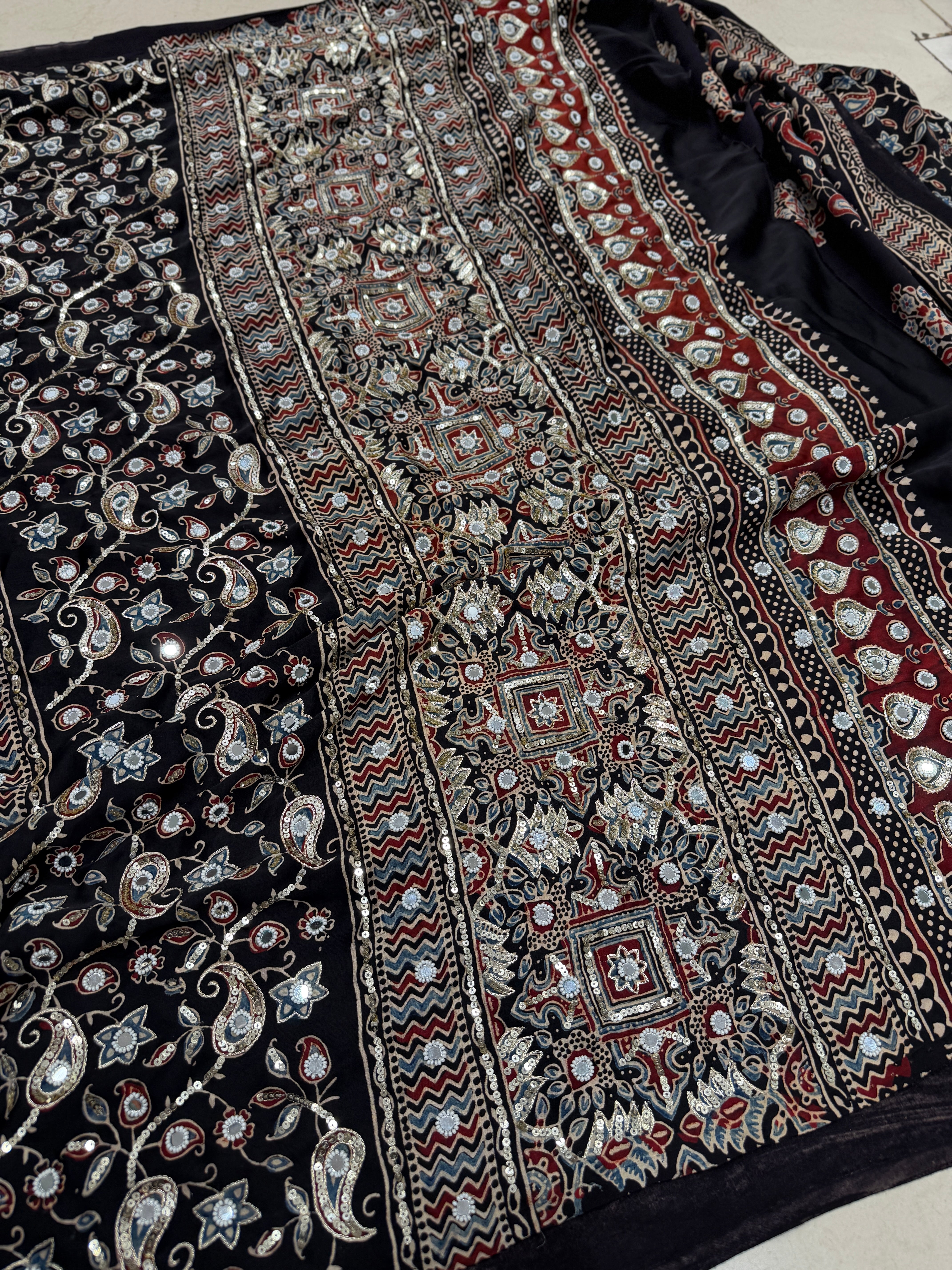 Black Ajrakh Butta Real Mirror Moti Sequin Hand Embroidery Saree