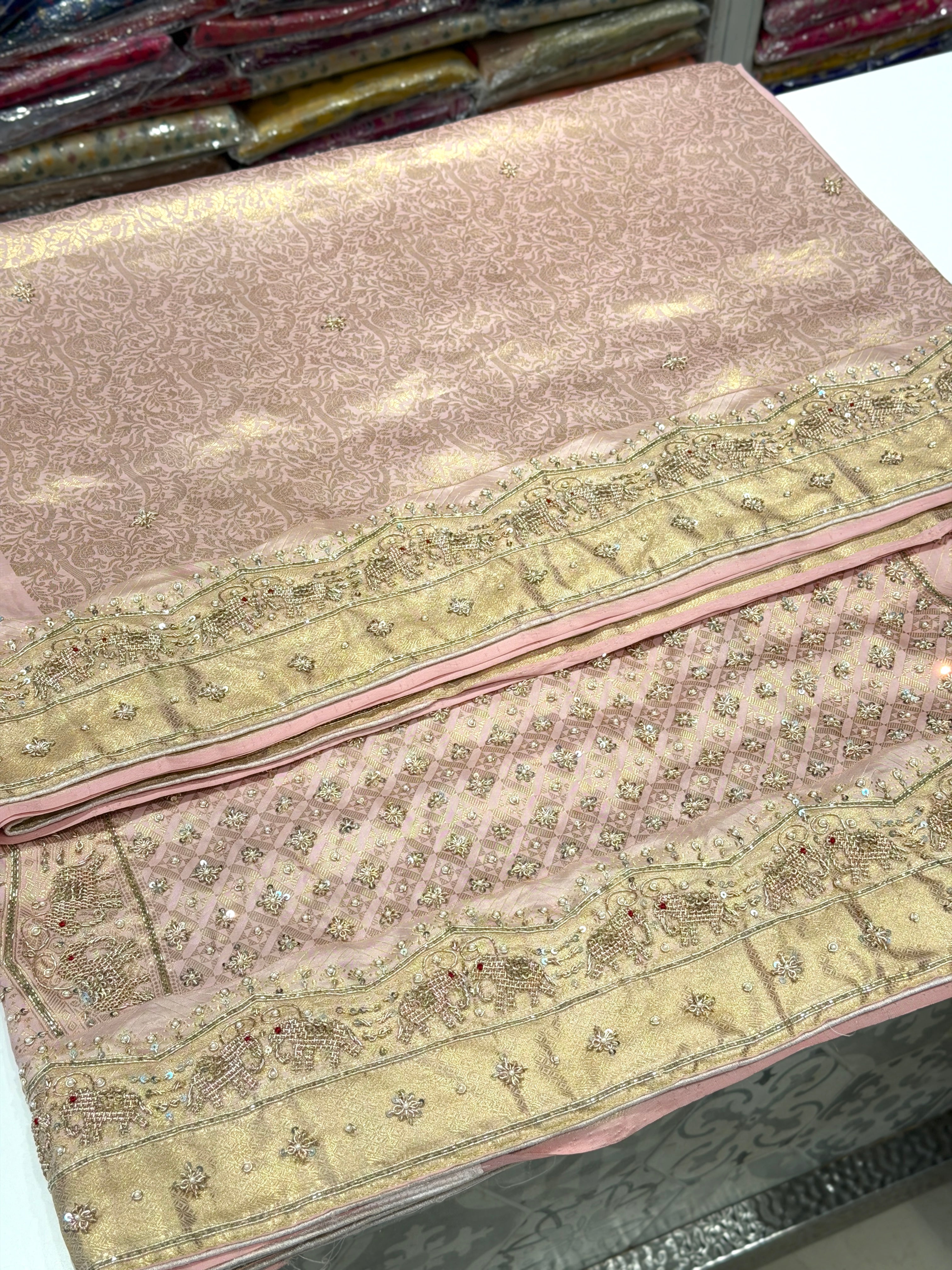 Light Pink Kanjivaram Elephant Motif Jaal Zardozi Hand Embroidery Saree