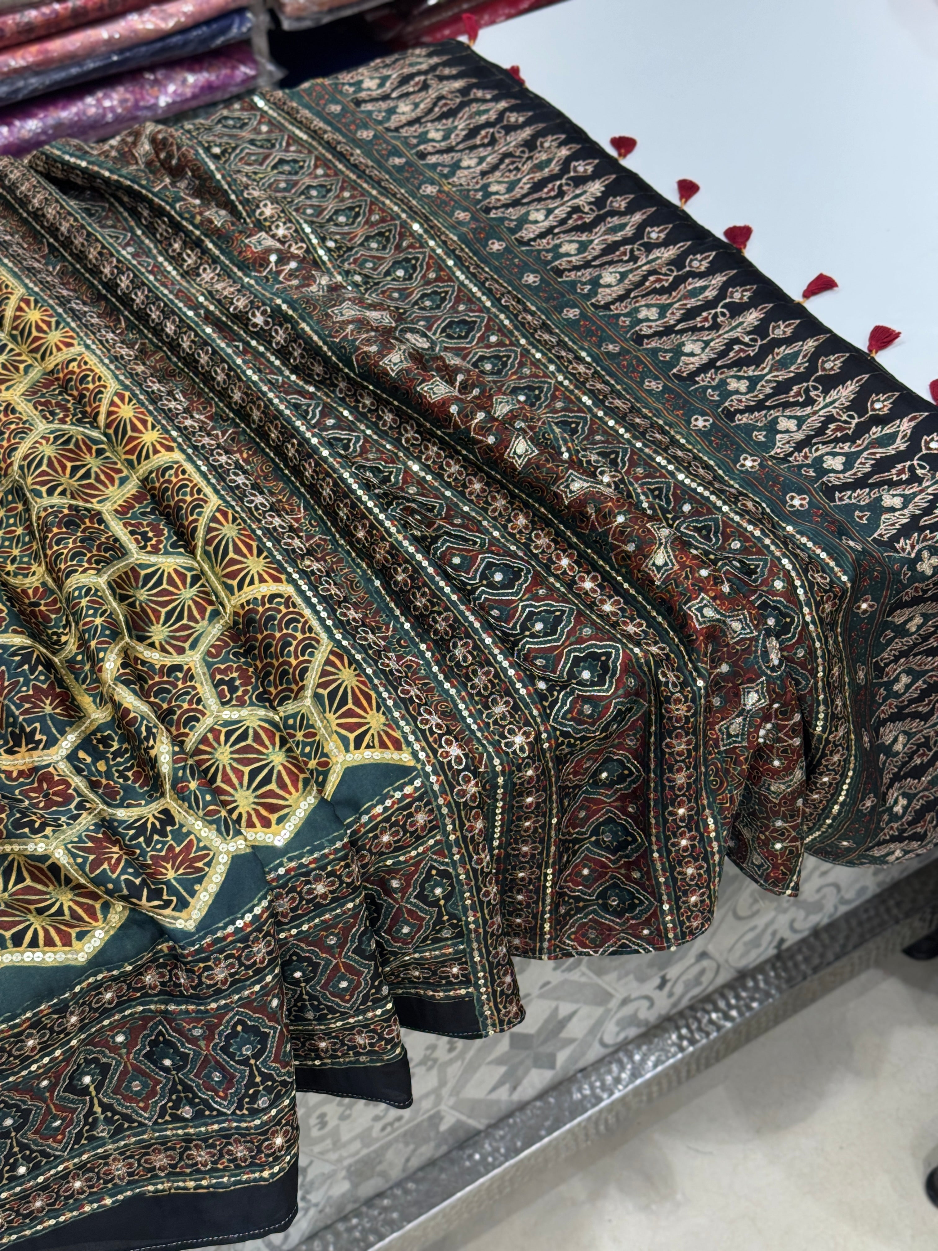 Mustard Rama Jaal Abstract Pita Sequin Ajrakh Hand Embroidery Saree