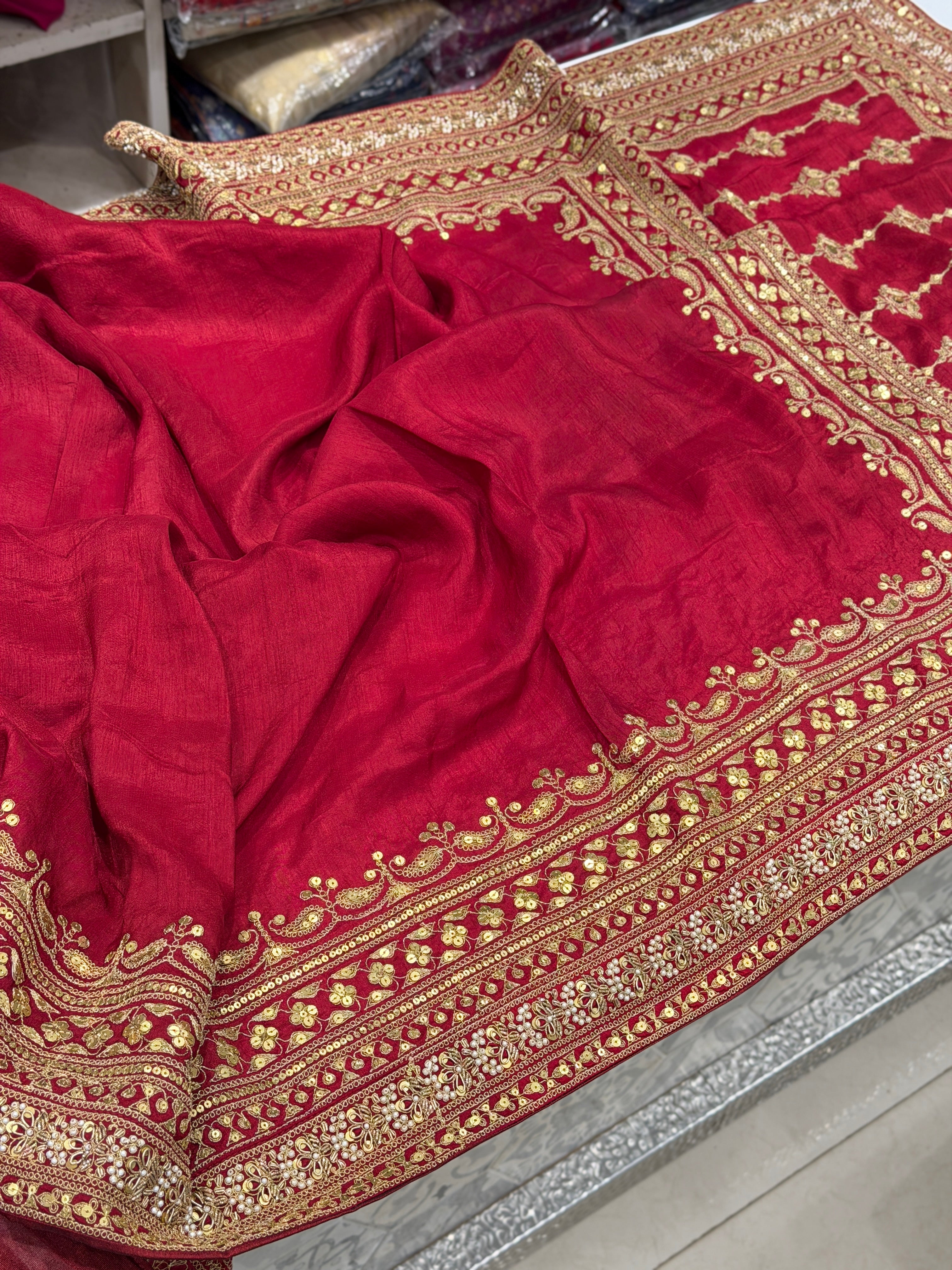 Maroon Pure Silk Sabyasachi Inspired Marodi Sequin Jaal Pallu Saree