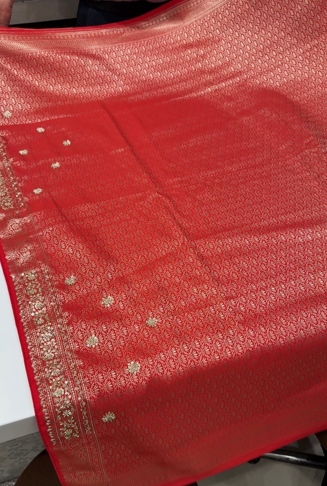 Red Banarasi Star Butti Hand Done Zardozi Saree