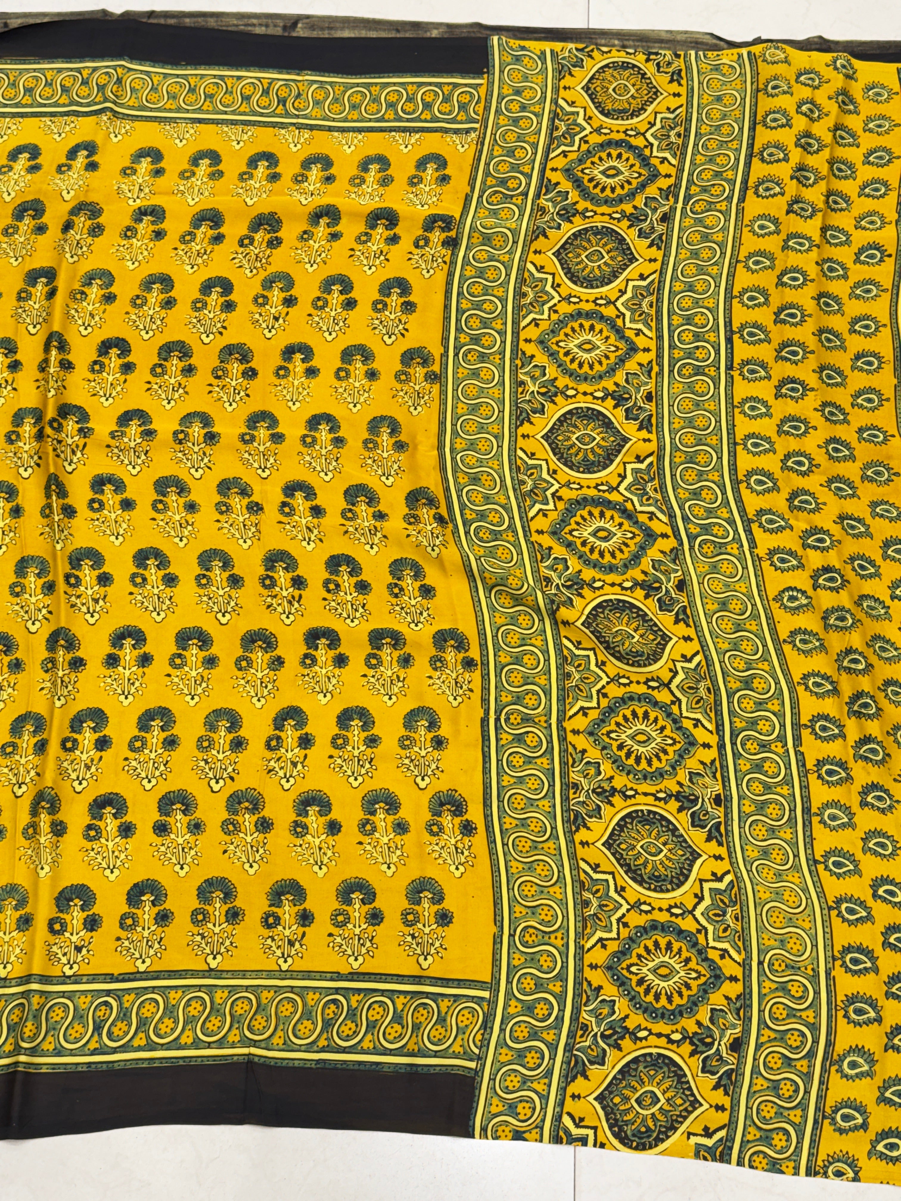 Yellow Floral Buttas Ajrakh Saree Modal Gajji Silk Hand Block Print