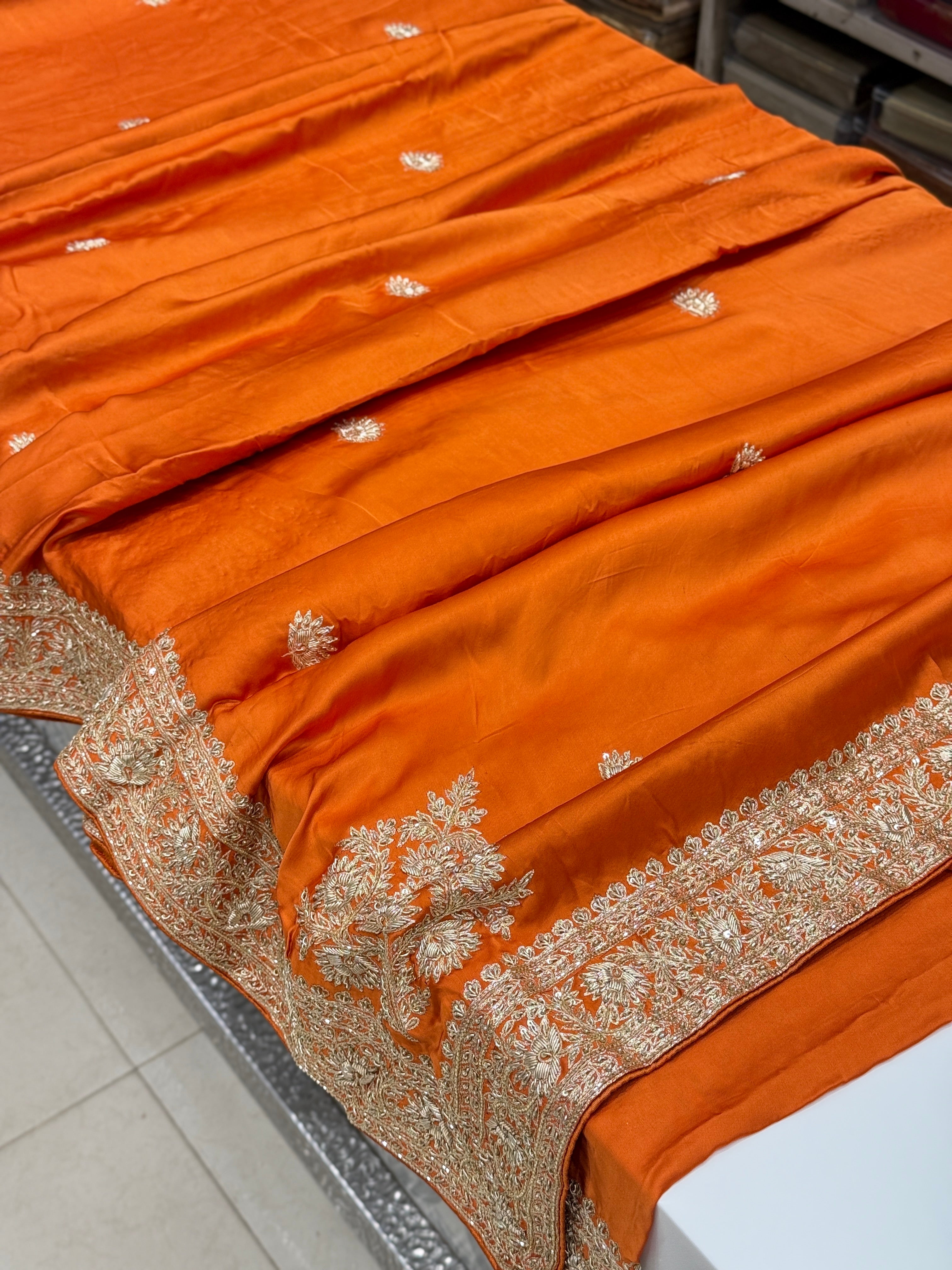 Rust Orange Buttis Pure Satin Hand Embroidery Zardosi Saree
