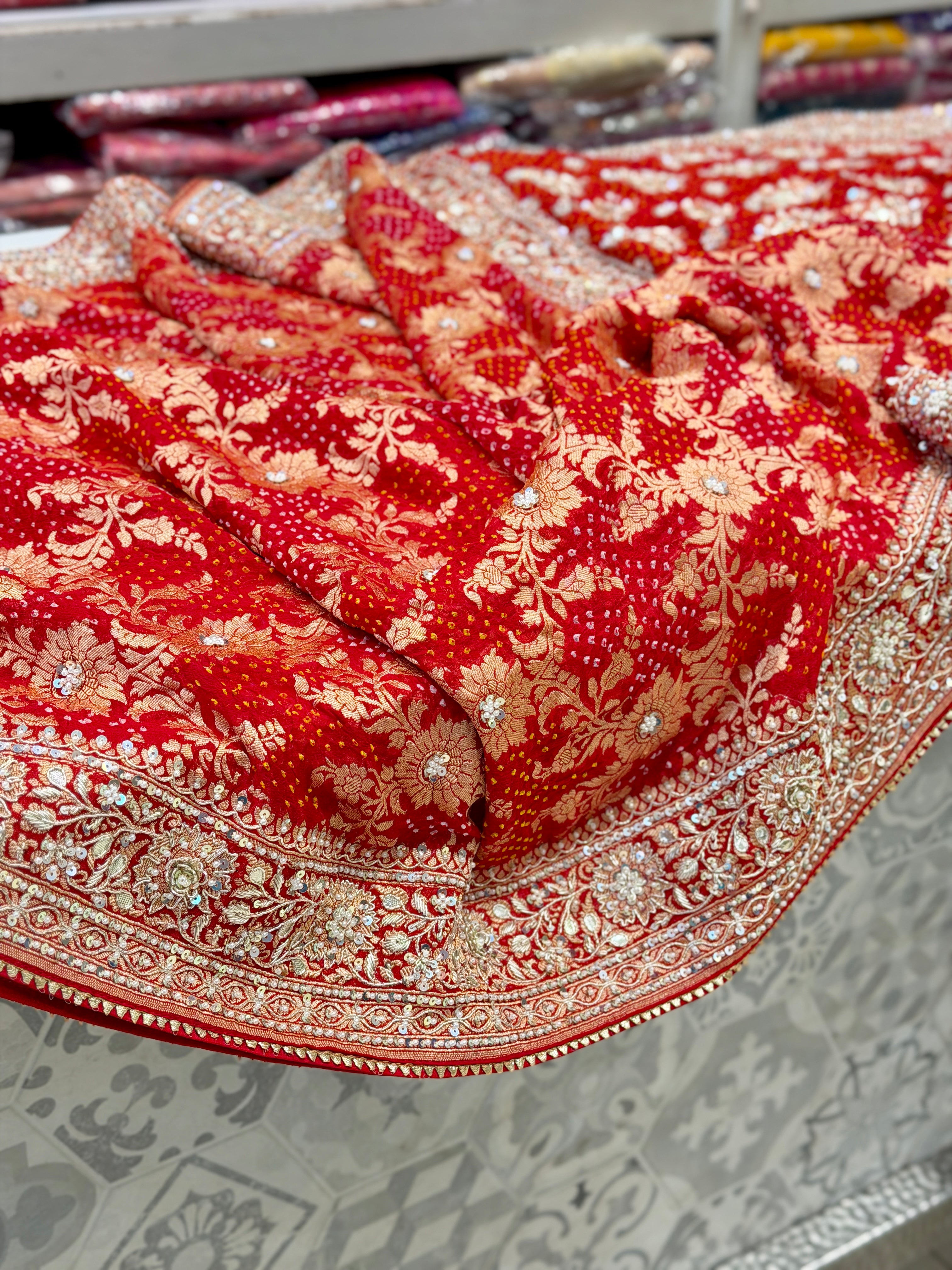 Red Bandhej Zardosi Hand Embroidery Saree