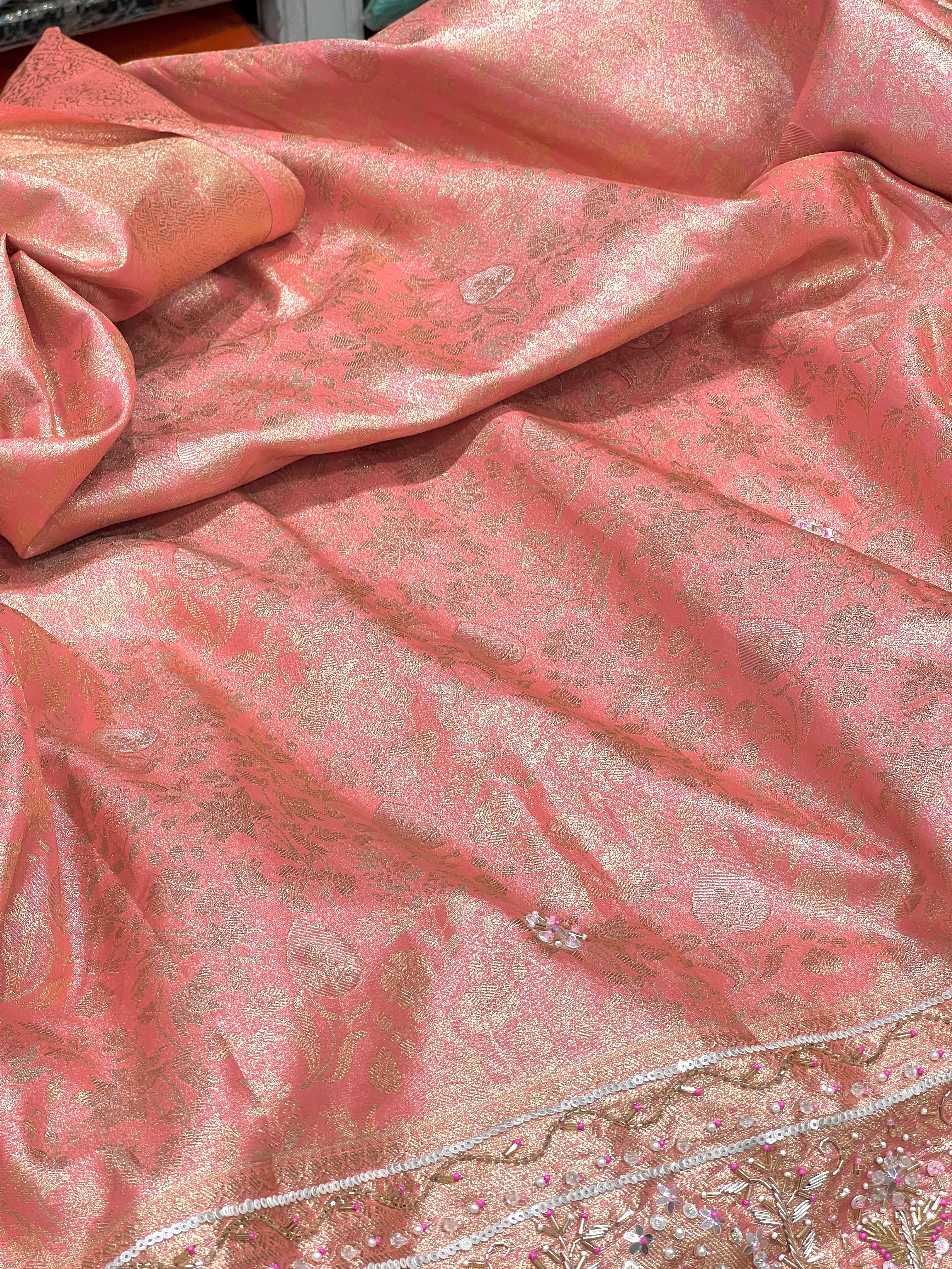 Peach Pink Kanjivaram Fancy Embroidery Saree