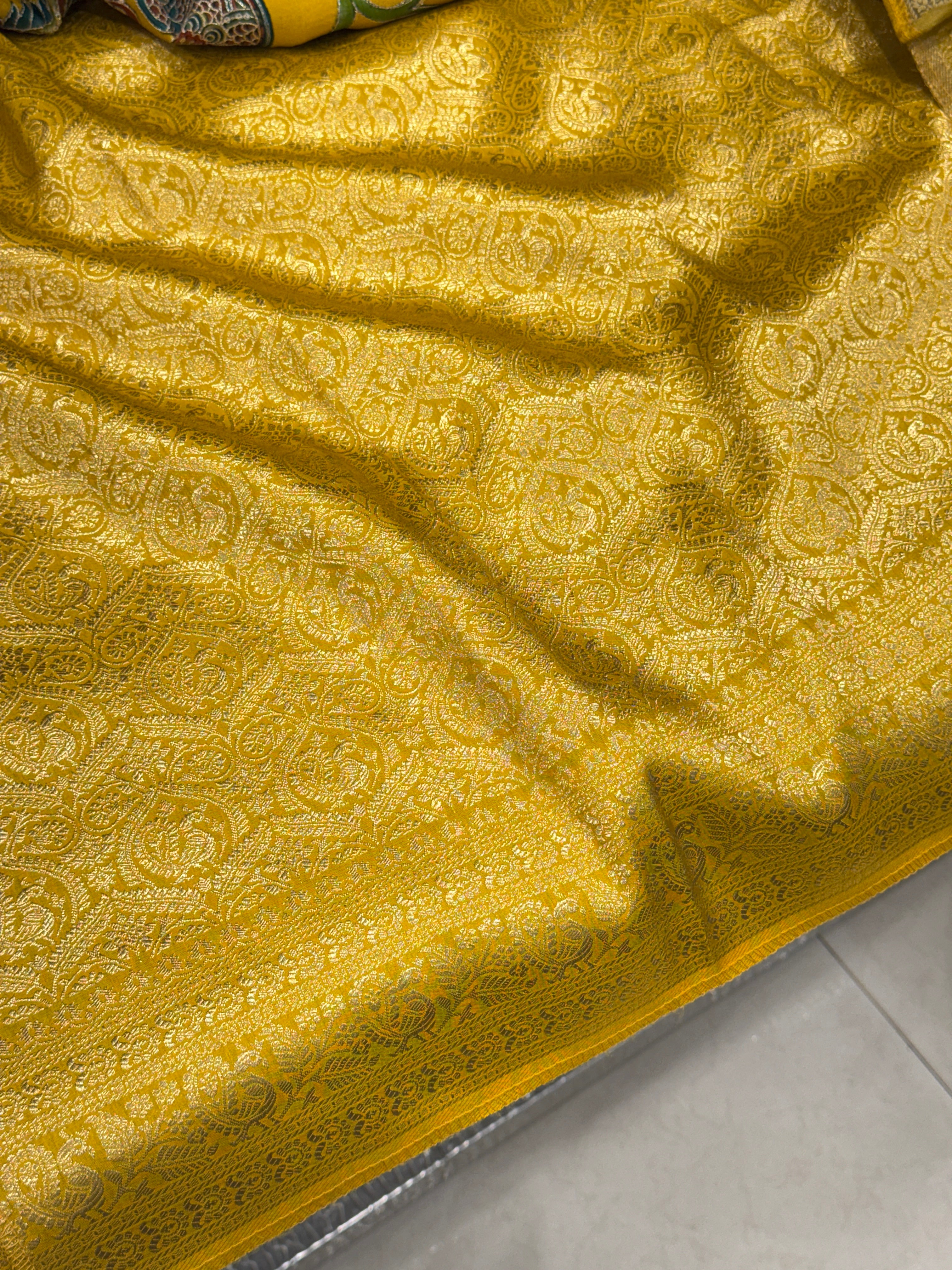 Yellow Kalamkari Weave Banarasi Munga Pita Embroidery Saree