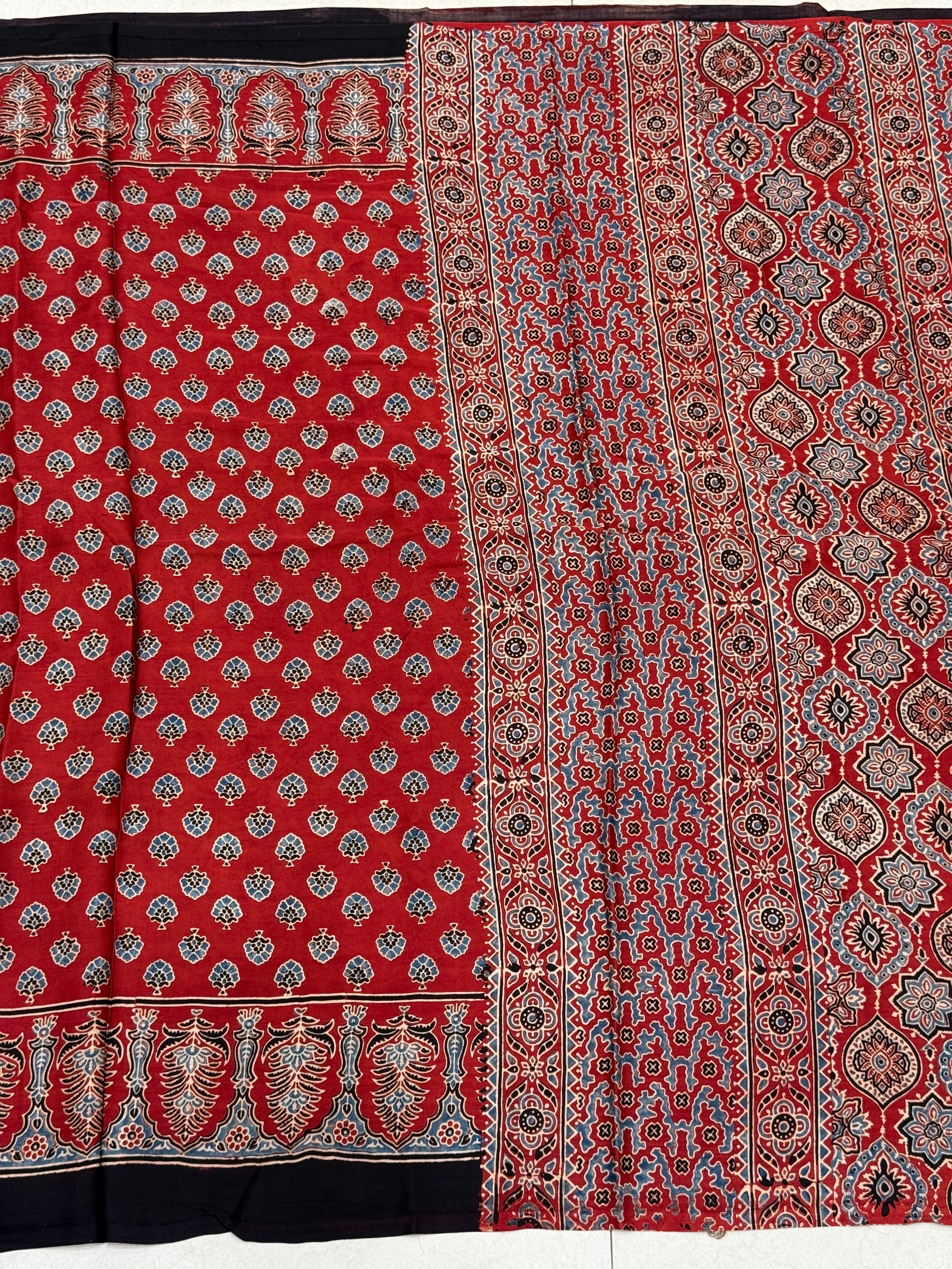 Red Crown Buttis Border  Ajrakh Modal Gajji Silk Saree