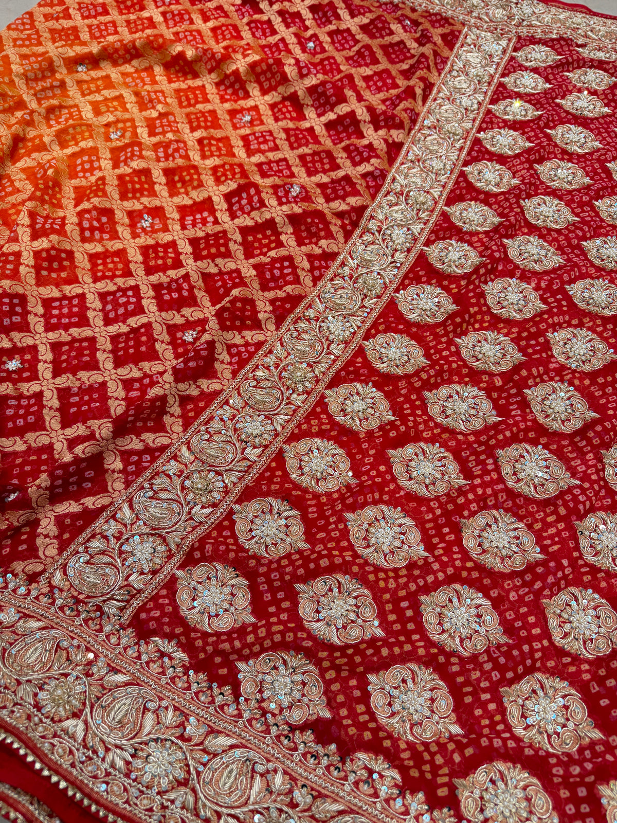 Red Orange Shaded Bandhej Georgette Saree Zardosi Hand Embroidery Saree