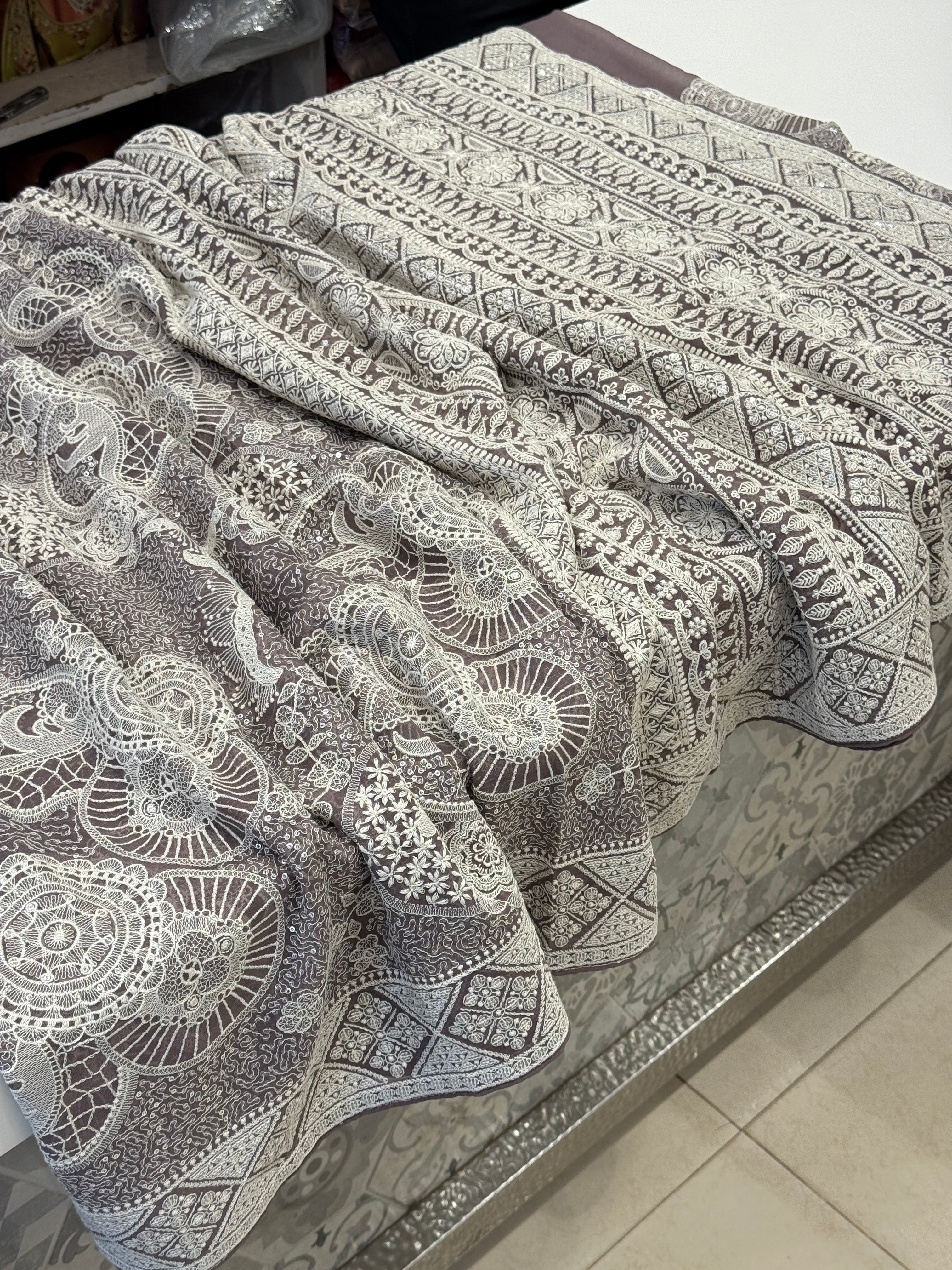 Brownish Grey Chikankari Georgette Jaal Saree