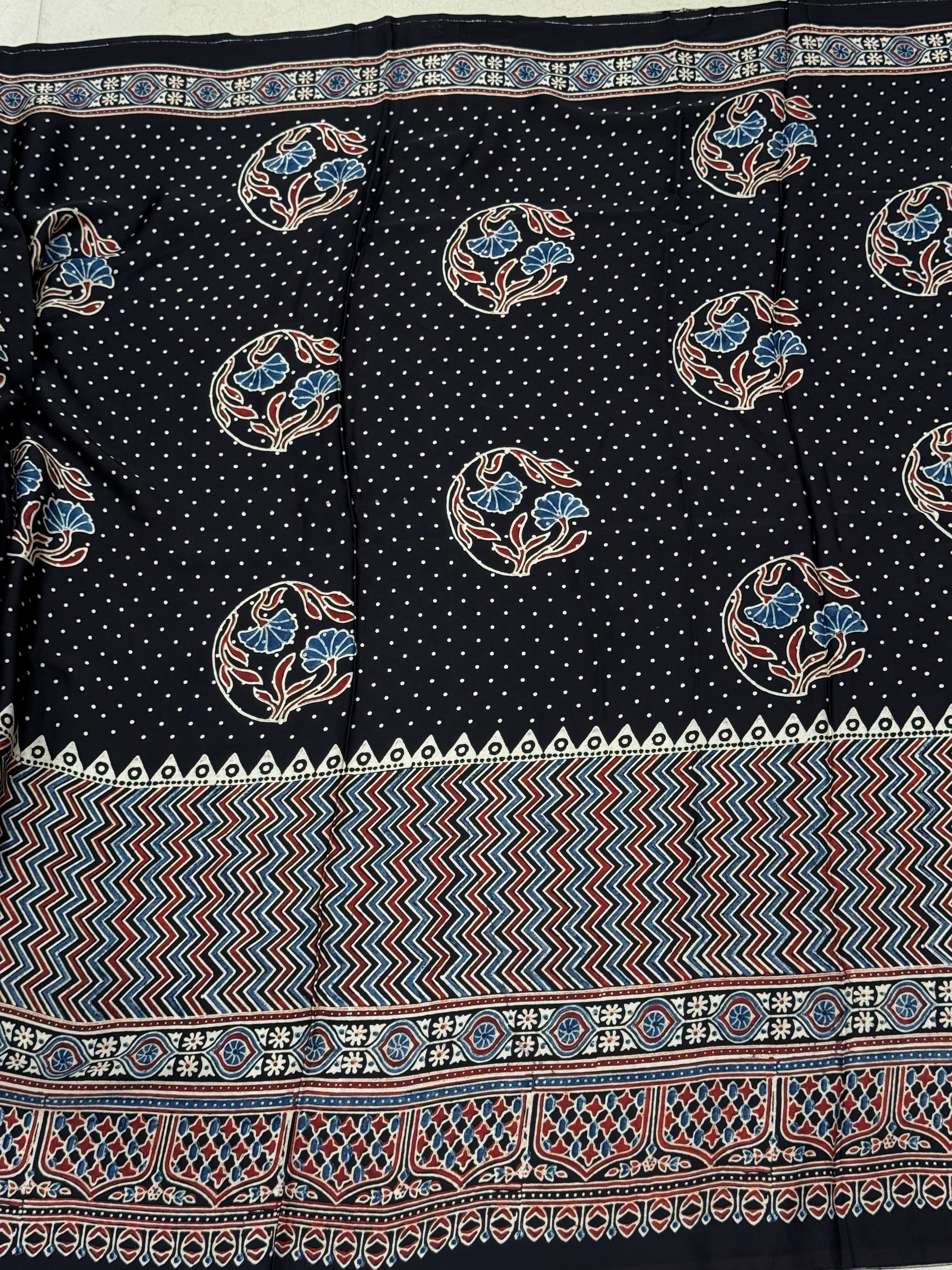 Black Half n Half Buttas Ajrakh Modal Gajji Silk Saree