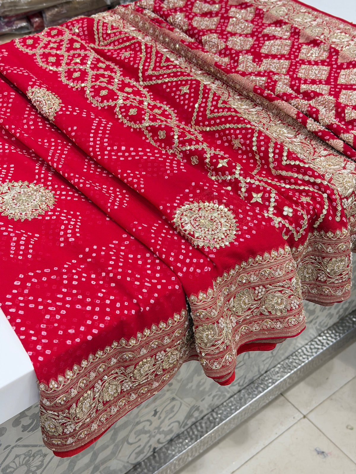 Red Rai Bandhej Georgette Saree Marodi Zardosi Hand Embroidery Saree