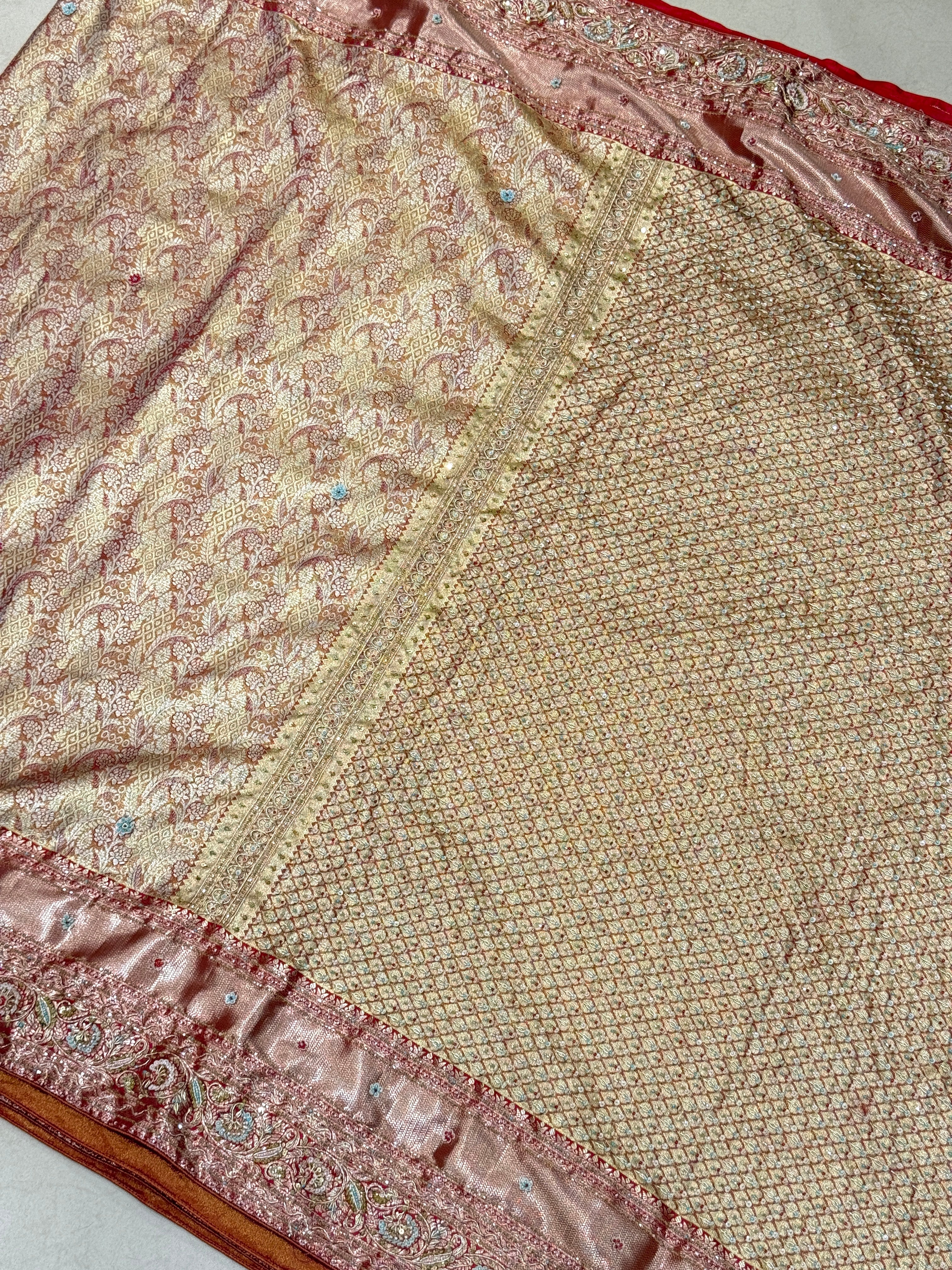 Golden Red Tissue Kanjivaram Hand Embroidery Saree