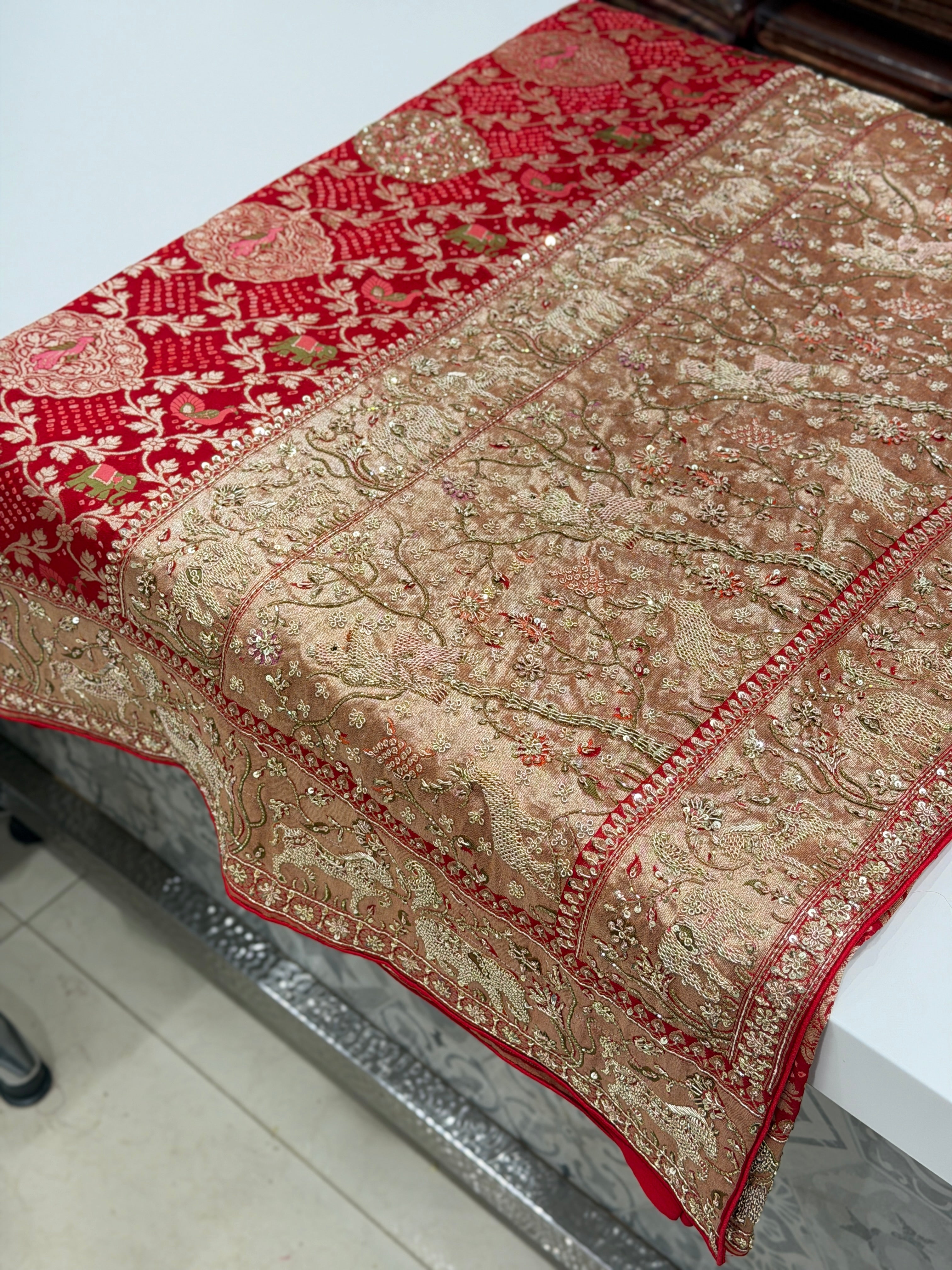 Red Meenakari Rai Bandhej Saree Elephant Motif  Zardosi Hand Embroidery