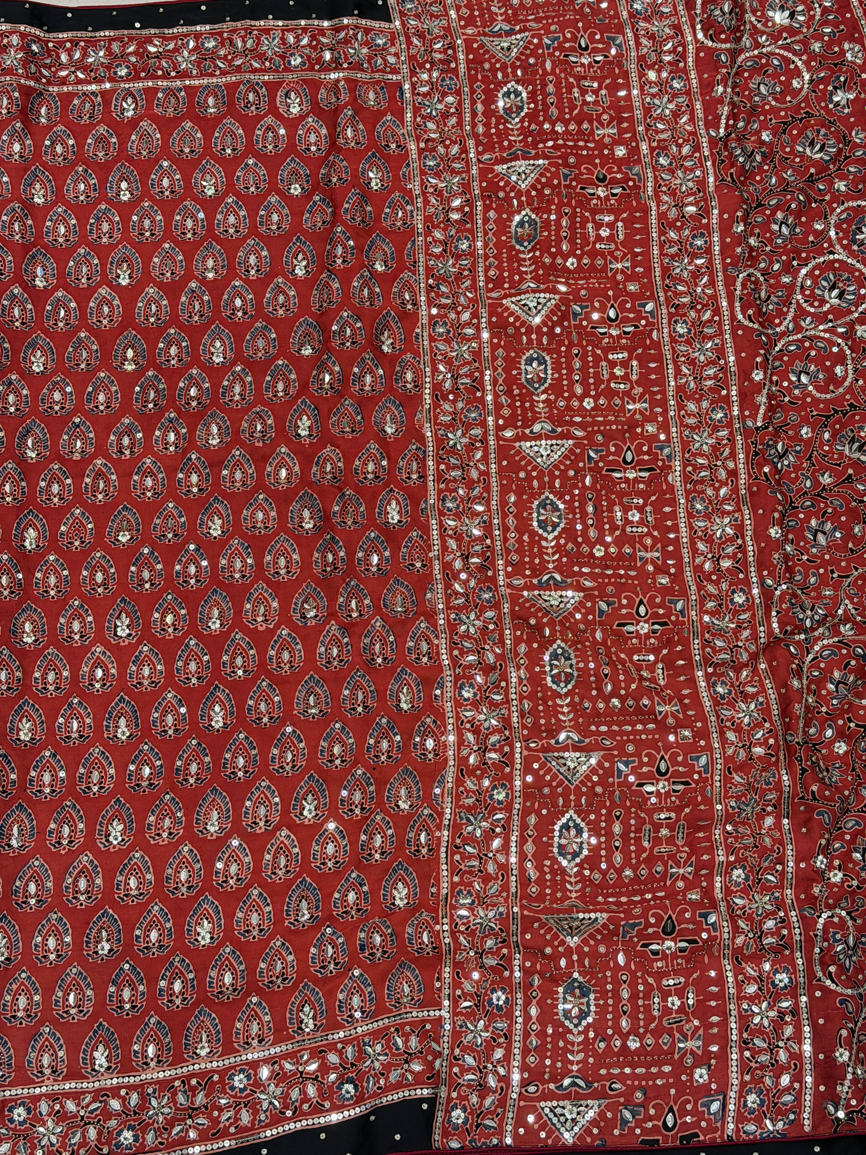 Red Butti Ajrakh Sequin Moti Hand Embroidery Saree