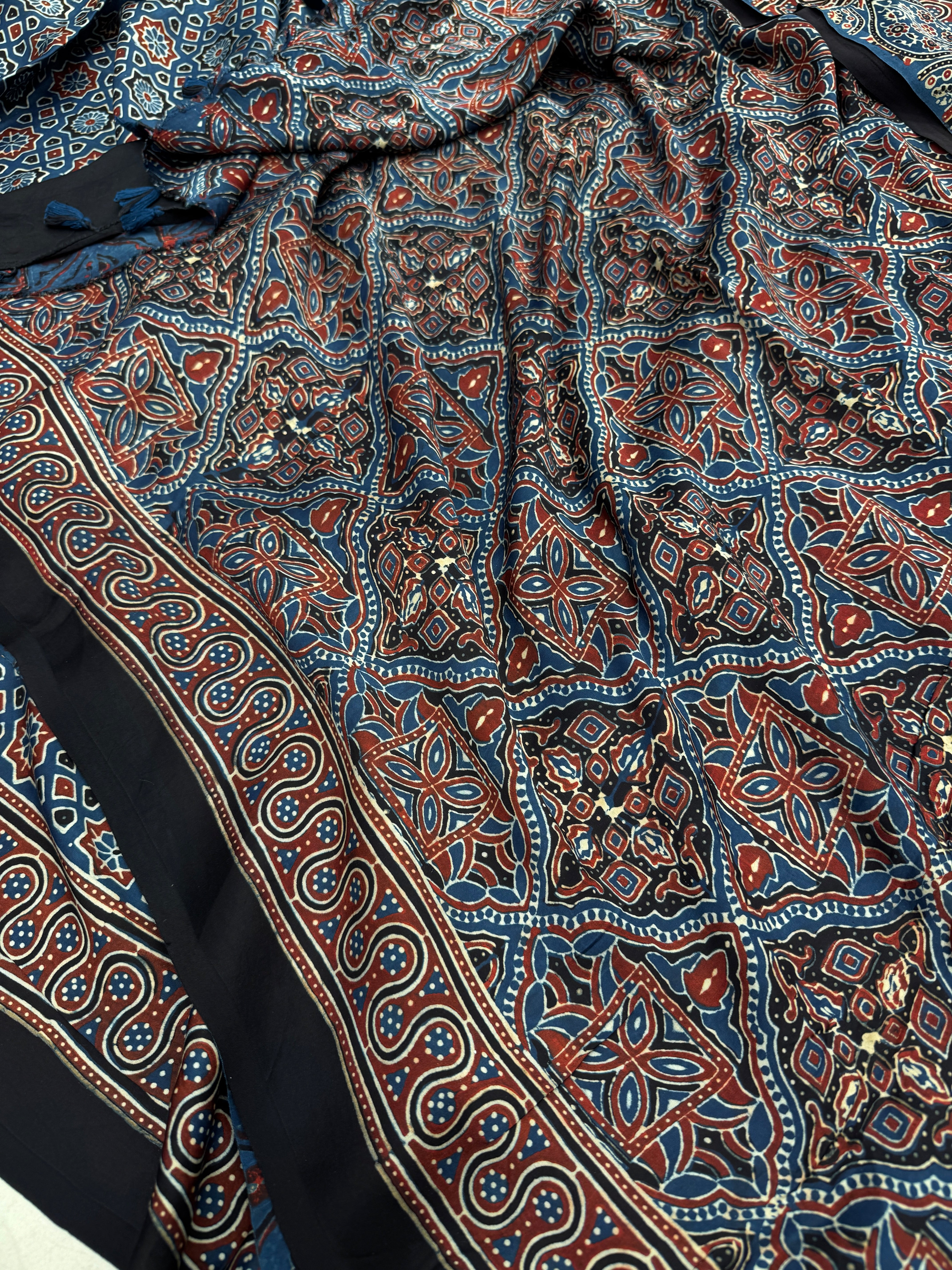 Blue Star Hand Block Print Ajrkah Pure Gajji Silk Saree