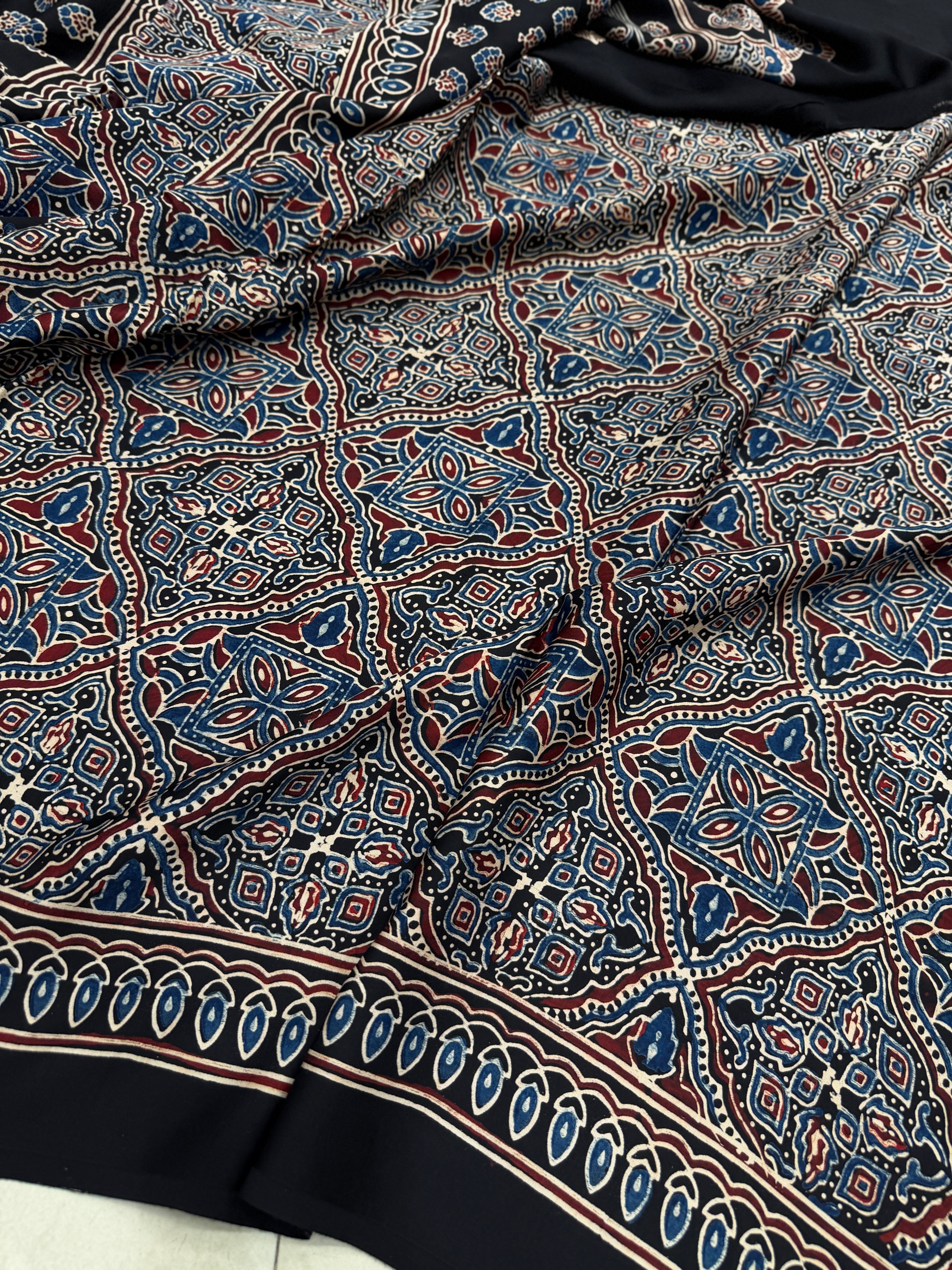 Black Star Chakri Ajrakh Hand Block Print Pure Modal Silk Saree