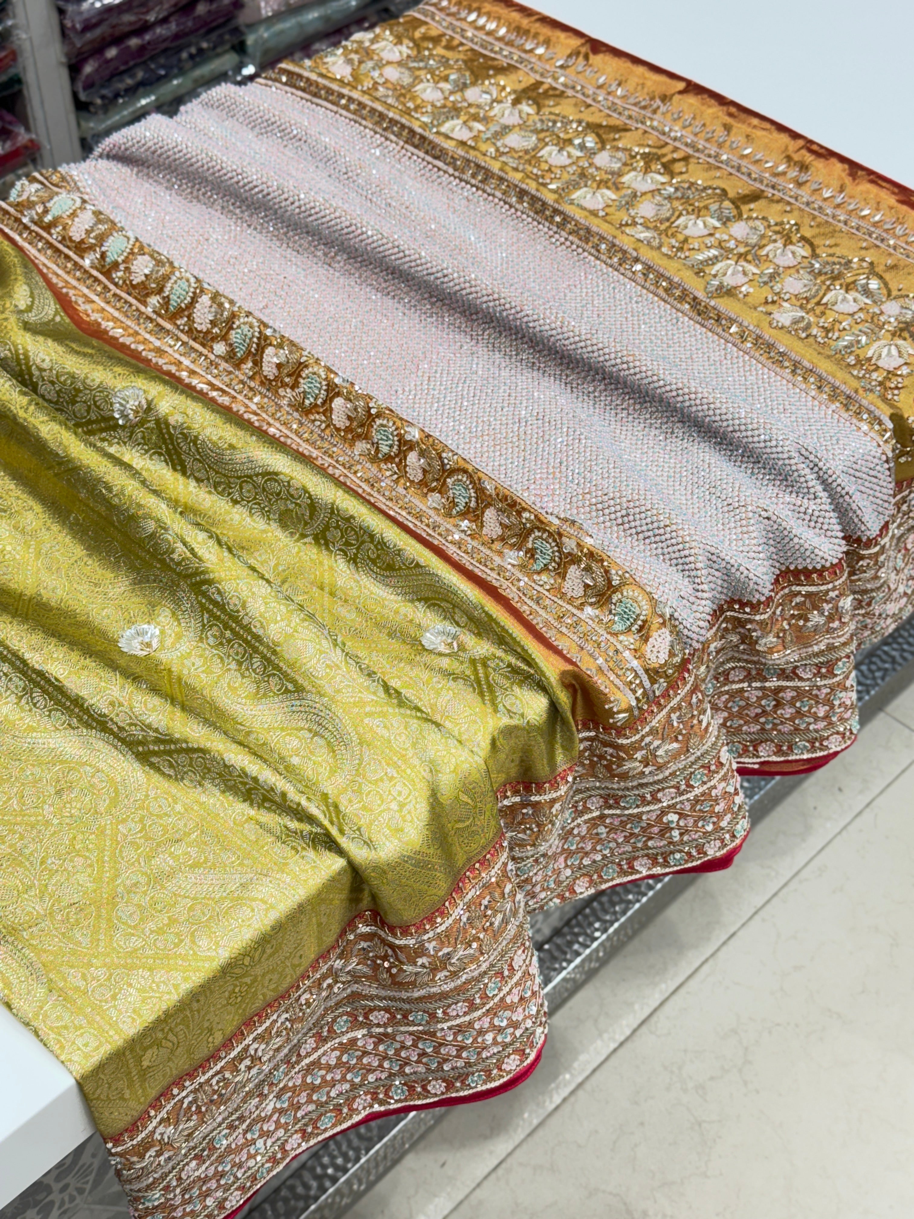 Pista Green Rani Tissue Kanjivaram Hand Embroidery Saree
