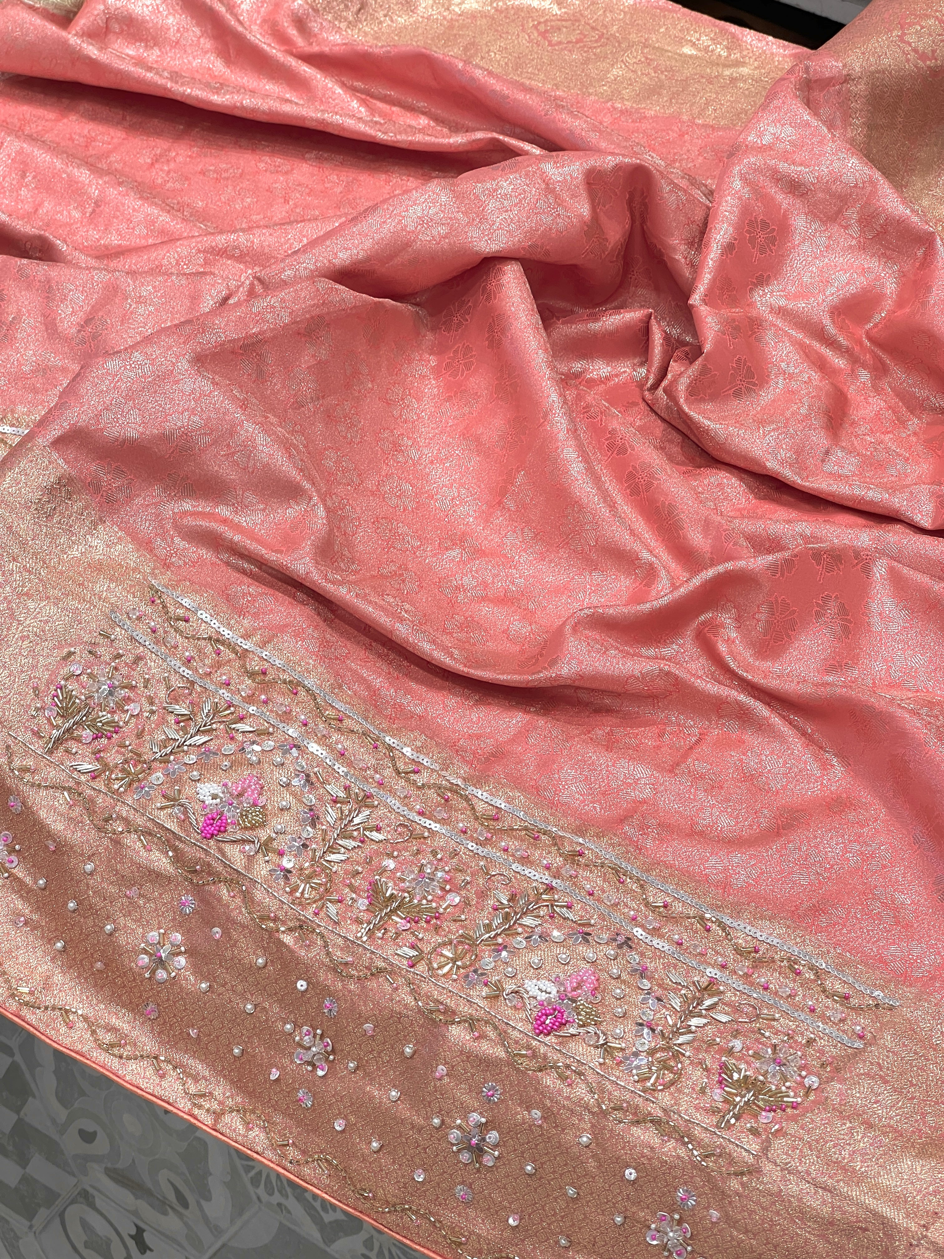 Peach Pink Kanjivaram Fancy Embroidery Saree