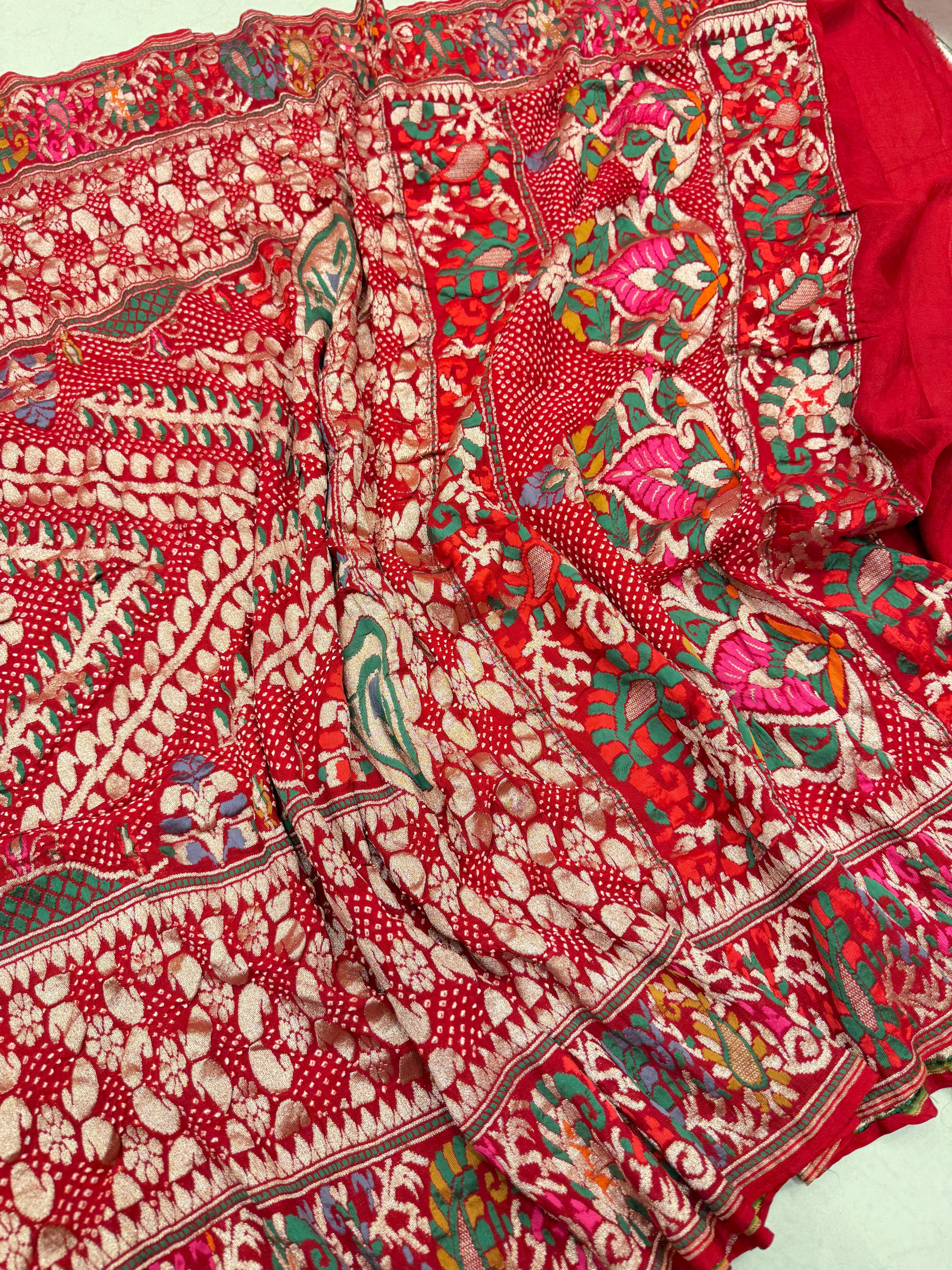 Red Meenakari Rai Bandhej Georgette Bandhini Saree