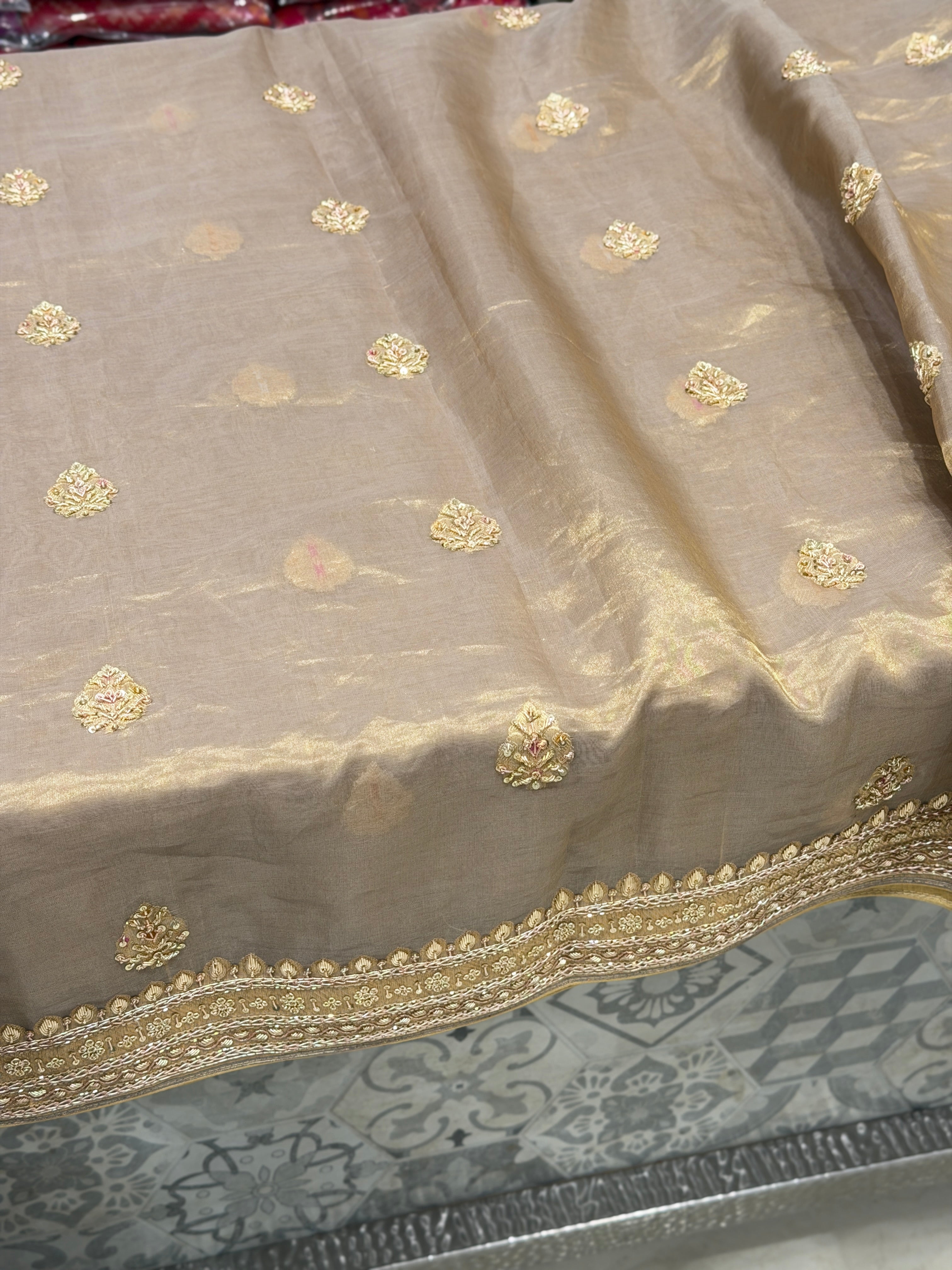 Champagne Meenakari Banarasi Tissue Handloom Kadwa Weave Zardosi Embroidery Saree