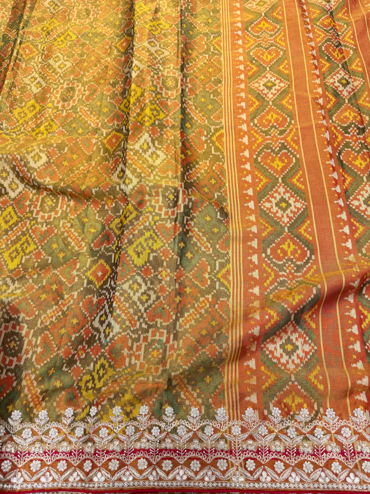 Mustard Tissue Patan Patola Zardosi Hand Embroidery Saree