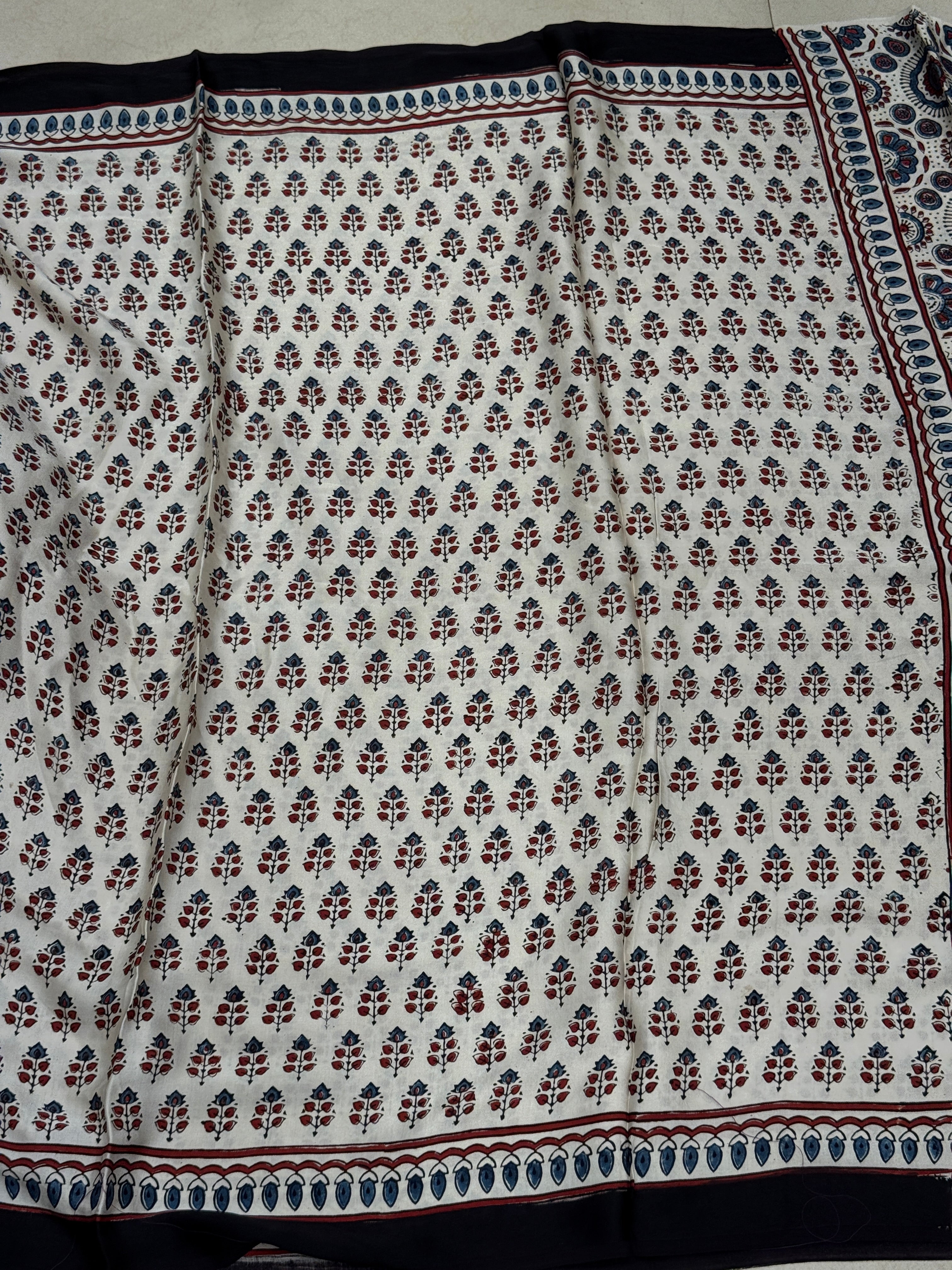 White Small Leaf Butti Modal Silk Ajrakh Saree