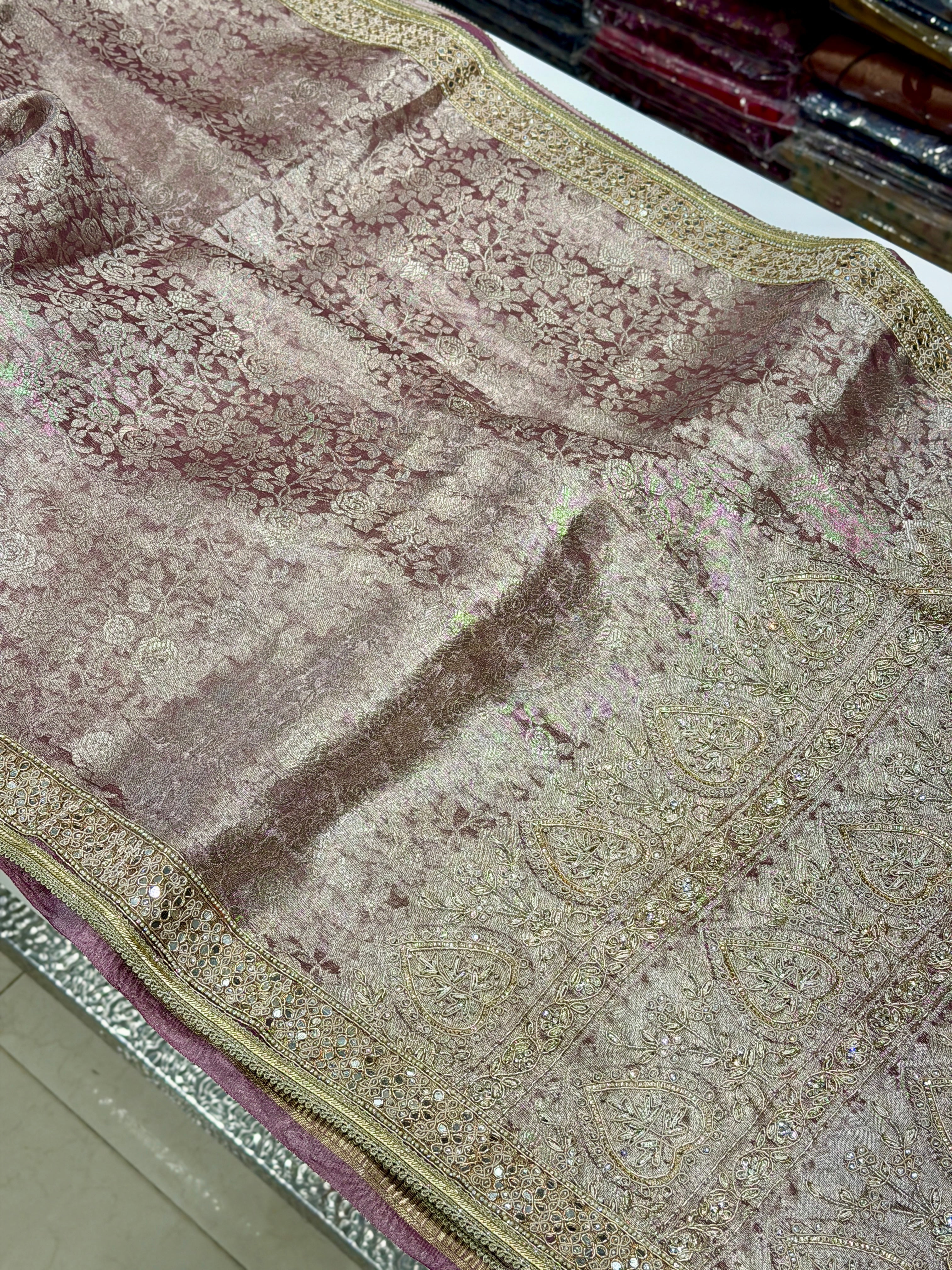 Purple Tissue Kanjivaram Hand Embroidery Zardosi Saree