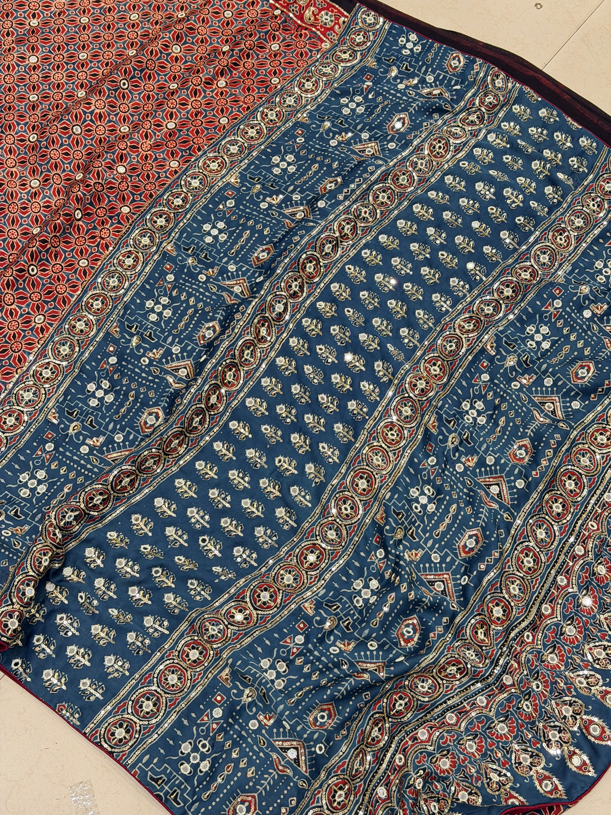 Red Blue Jaal Ajrakh Real Mirror Moti Sequin Hand Embroidery Saree