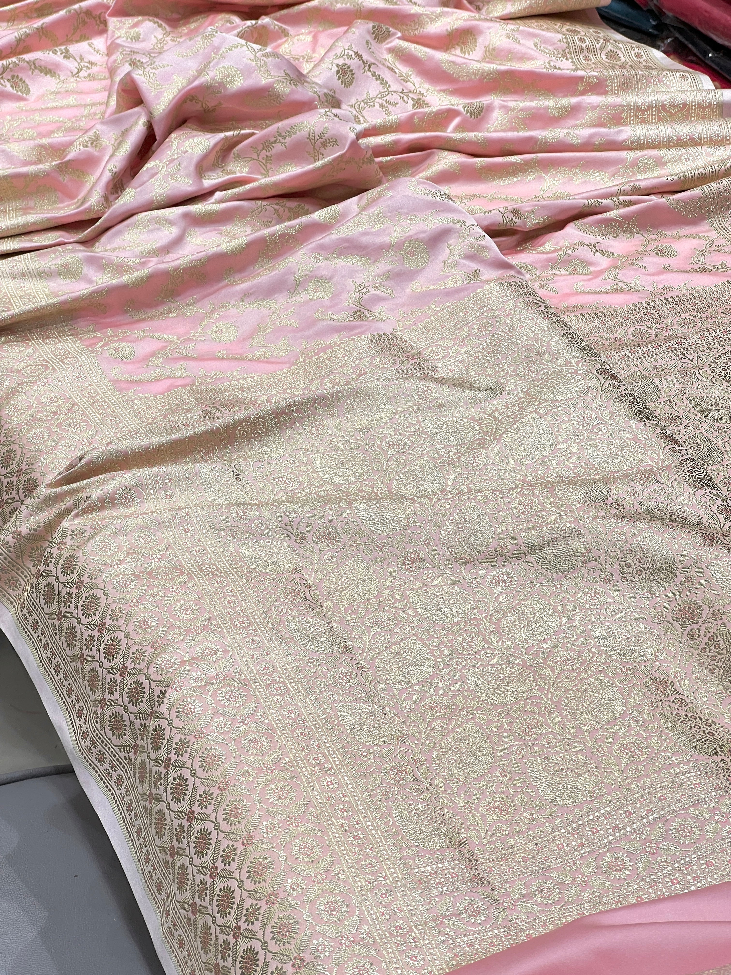 Pink Banarasi Silk Jaal Leaf Pallu Saree