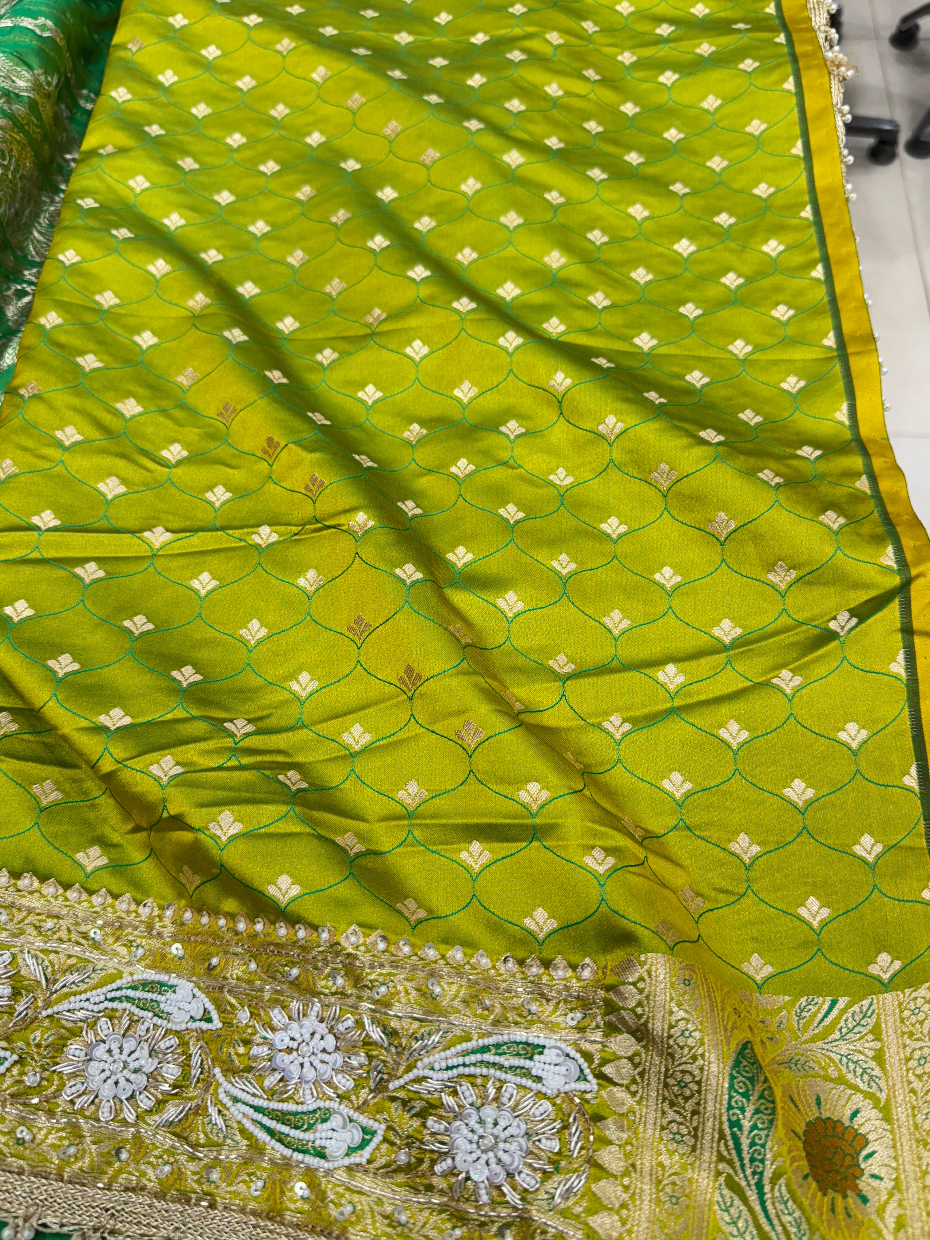 Green Banarasi With Moti Hand Embroidery Saree