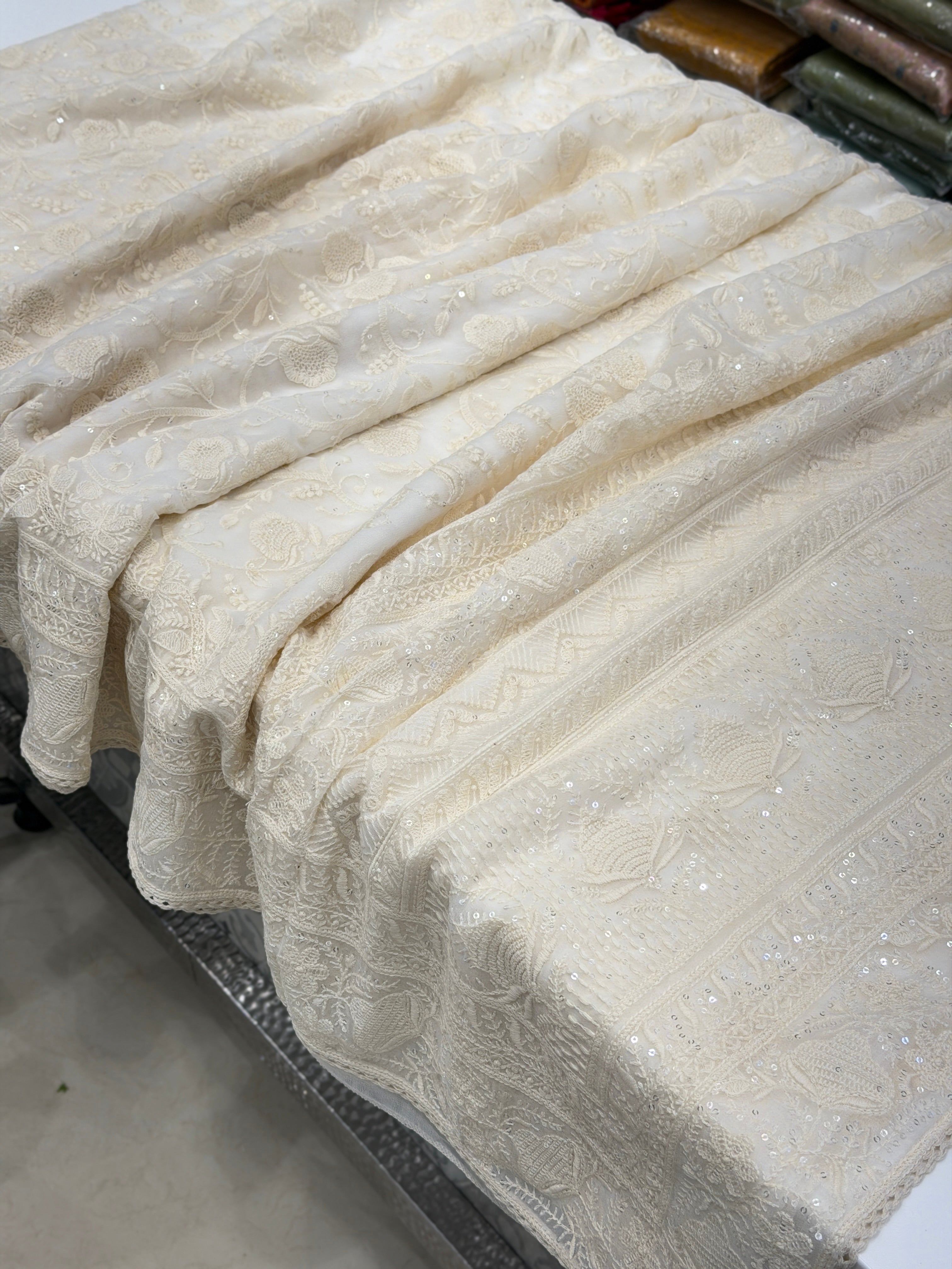 White Chikankari Georgette Jaal Resham Sequin Embroidery Saree